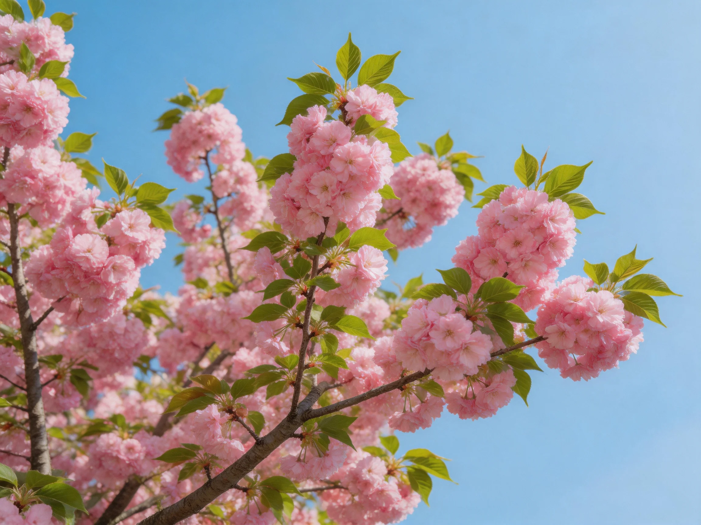 Abundant pink cherry blossom blooms with green foliage under bright blue sky