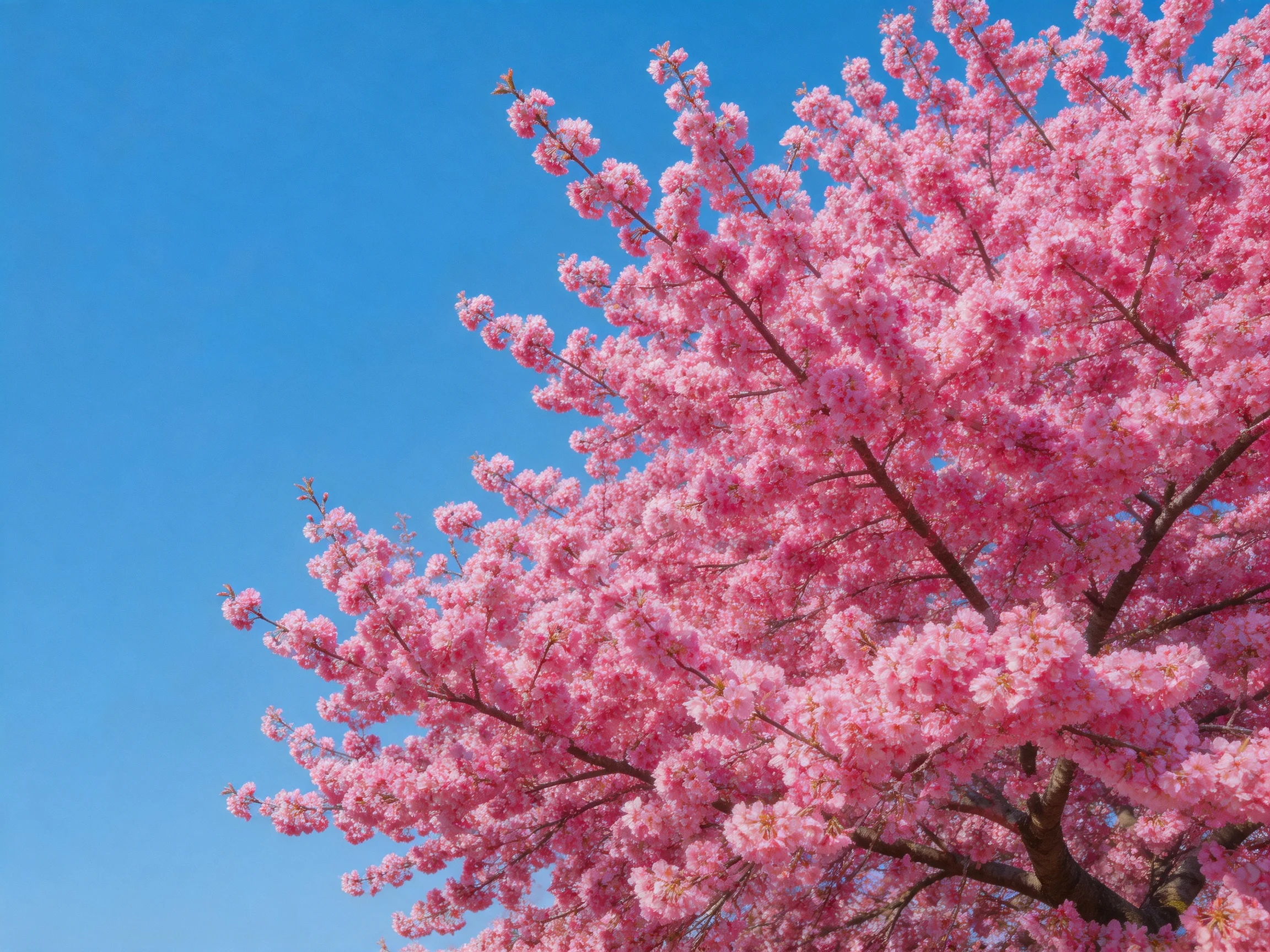 Abundant pink cherry blossoms bloom on a tree against a bright blue sky