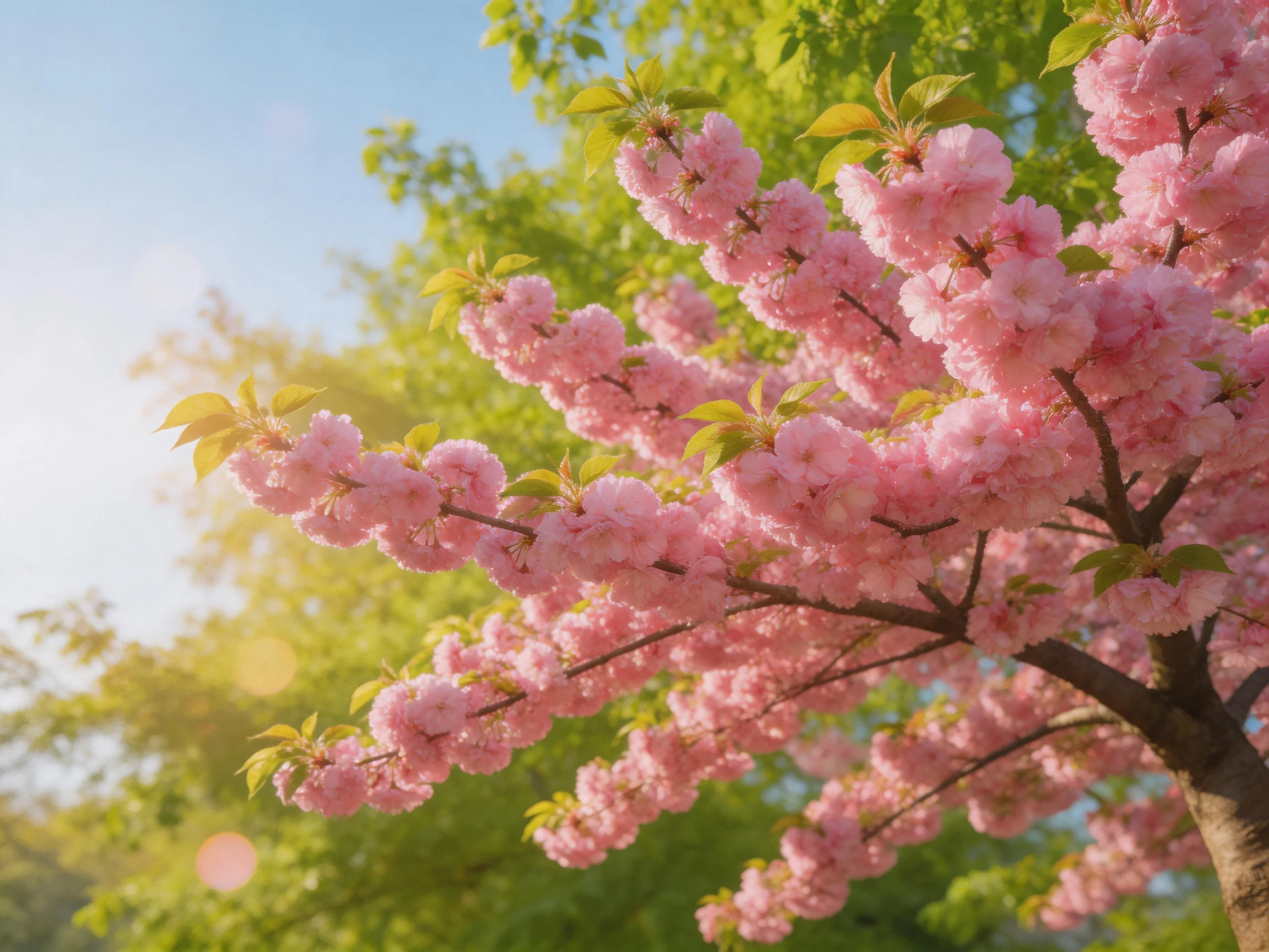 Abundant pink cherry blossoms bloom on branches near lush green trees under sunny skies