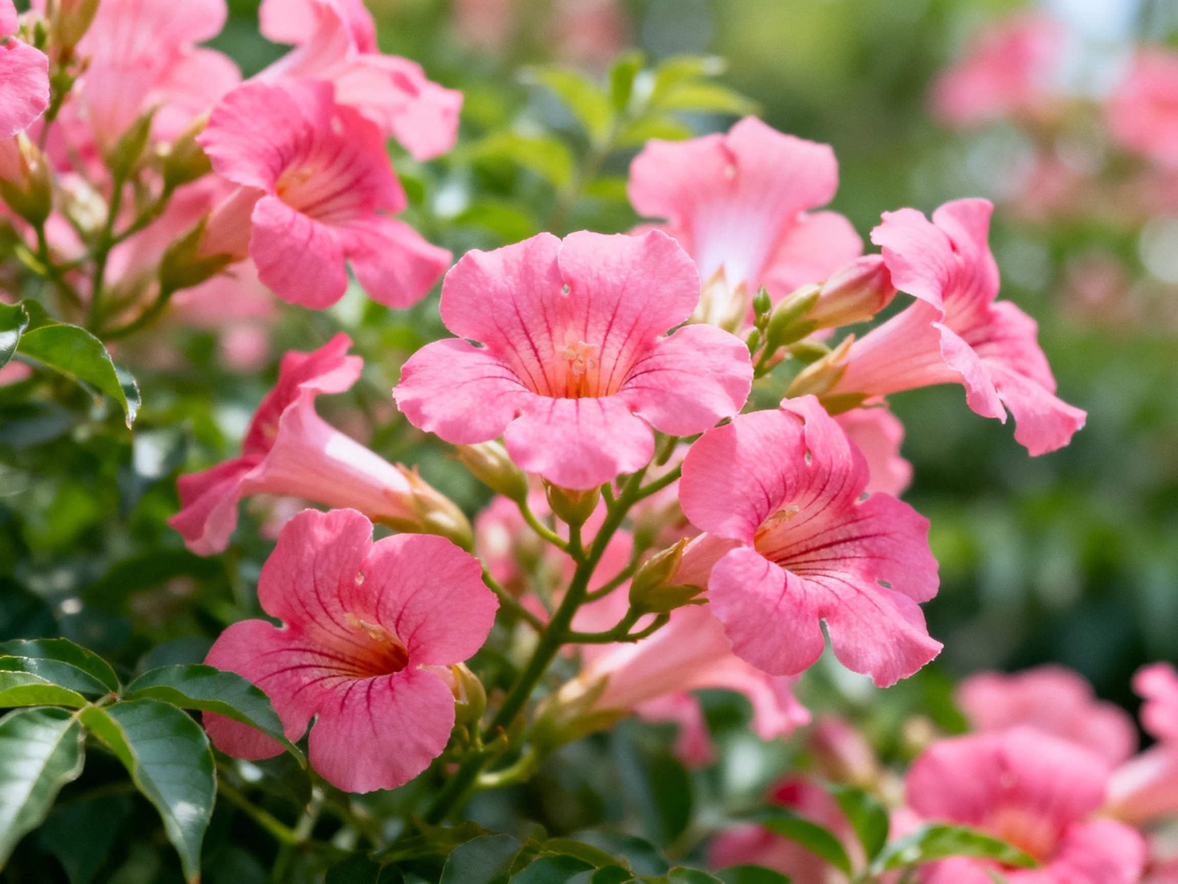 Abundant pink trumpet flowers bloom among green foliage