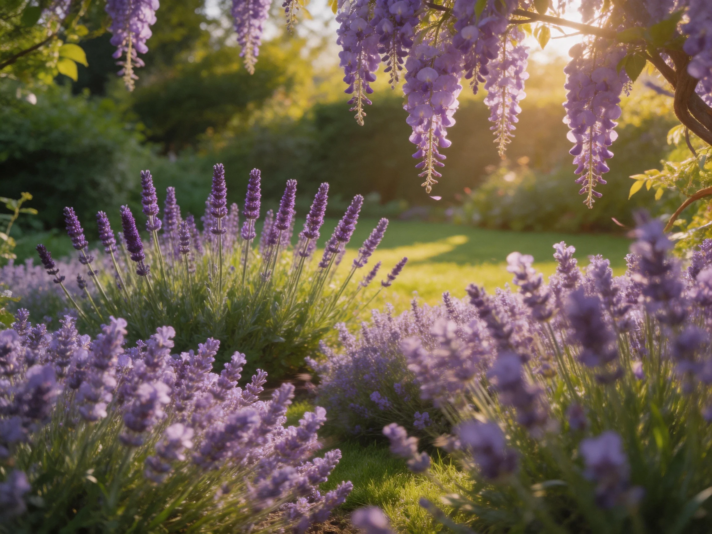 Abundant purple lavender and hanging wisteria in a sunlit garden