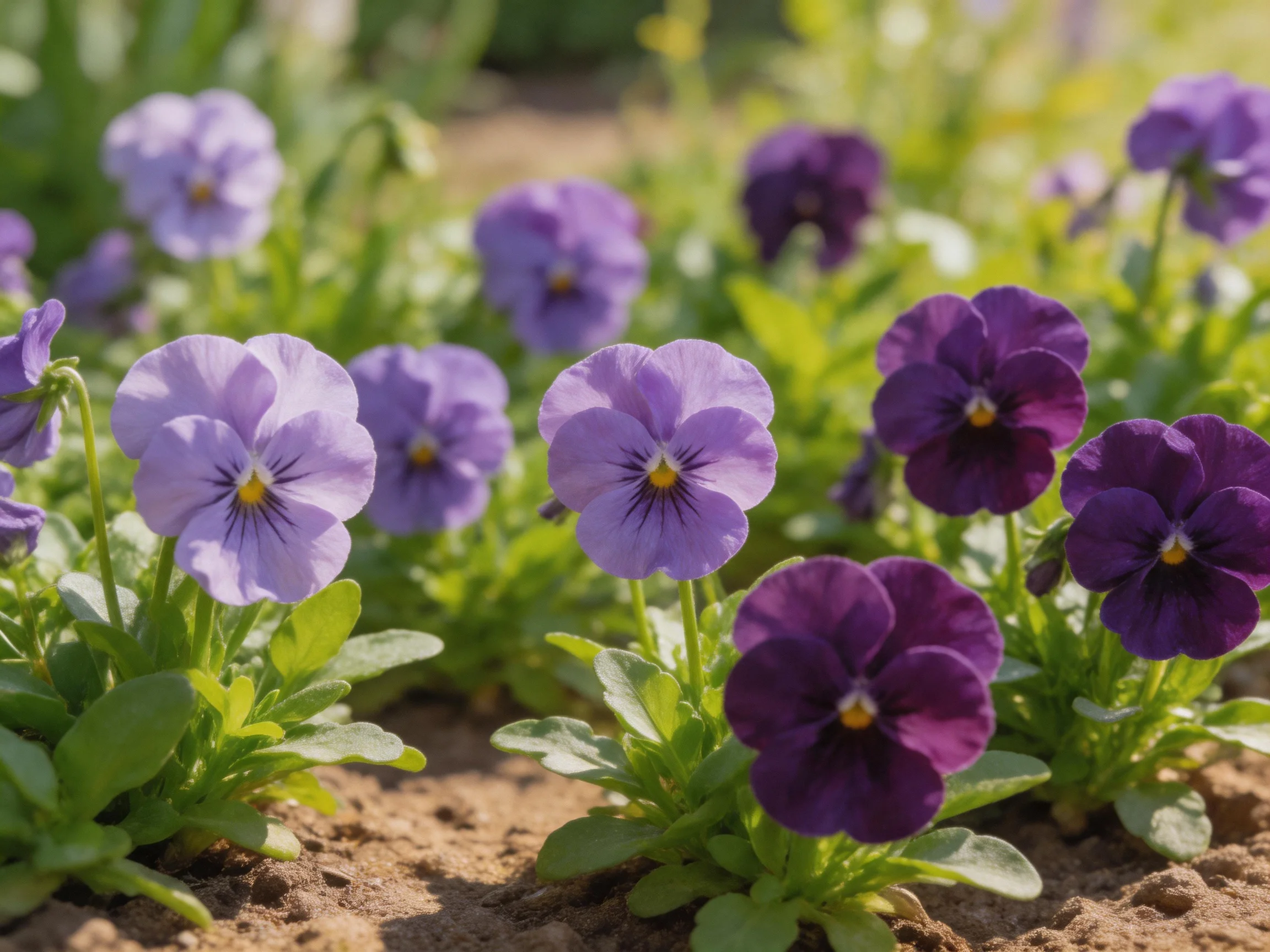 Abundant purple pansies in a sunlit garden bed