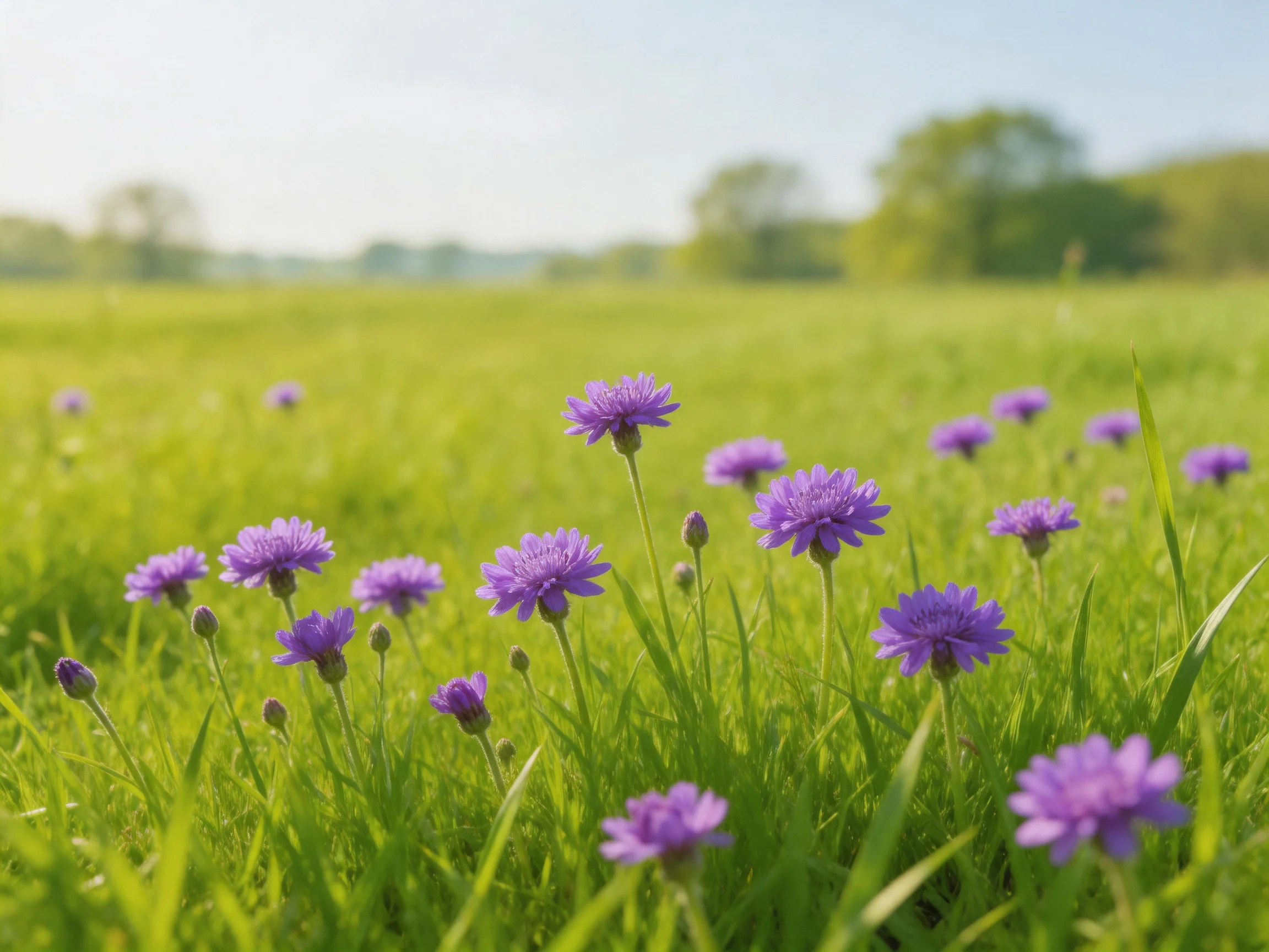 Abundant purple wildflowers bloom in a lush green meadow