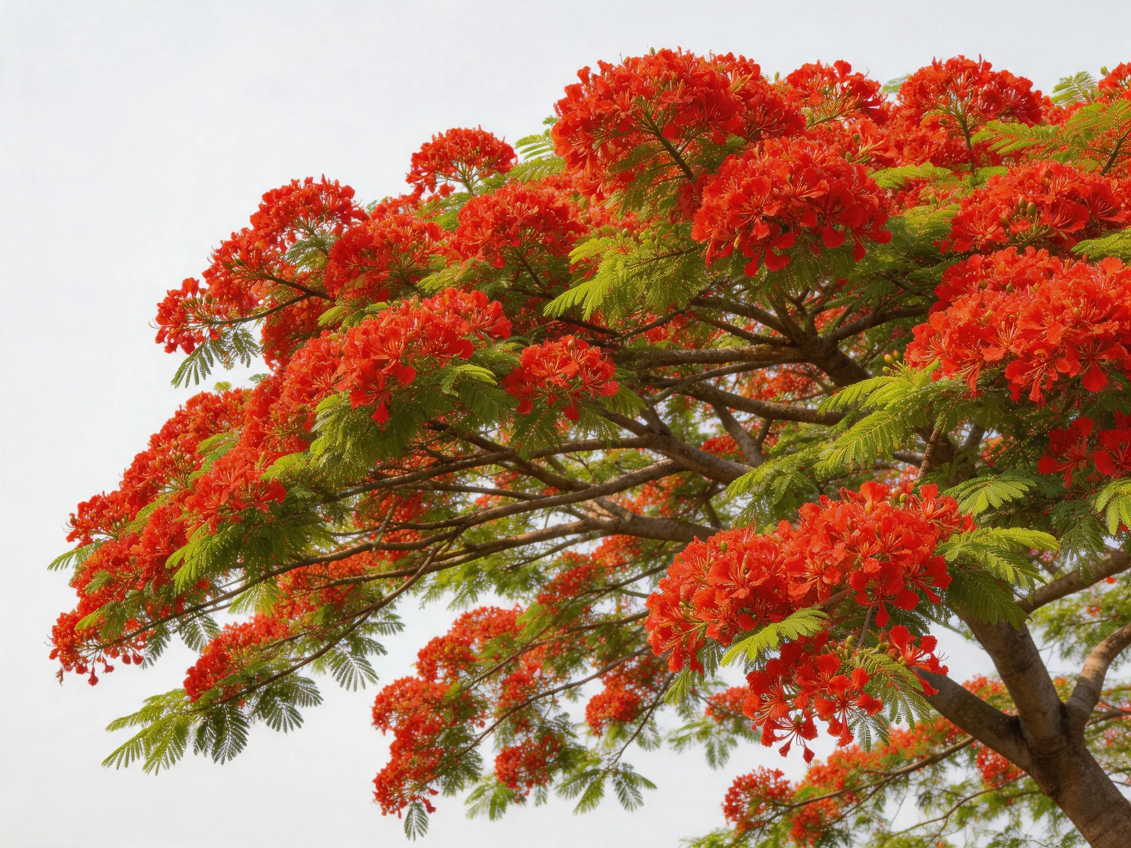 Abundant red flower clusters fill a tree with green foliage