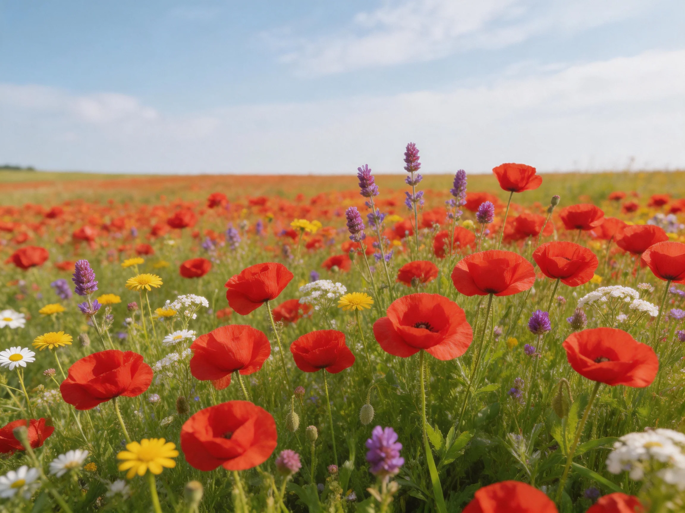 Abundant red poppies and colorful wildflowers fill a vast meadow