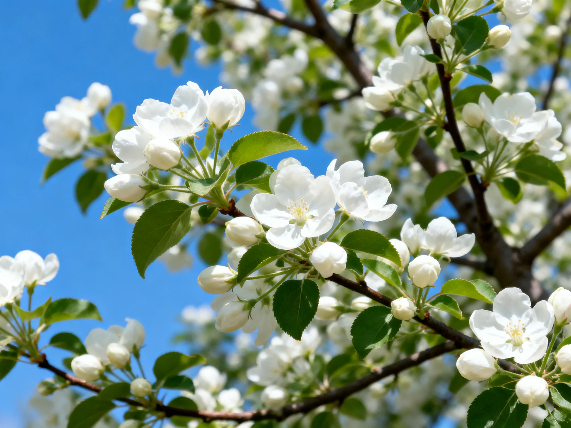 Abundant white blossoms and green leaves on a tree against blue sky