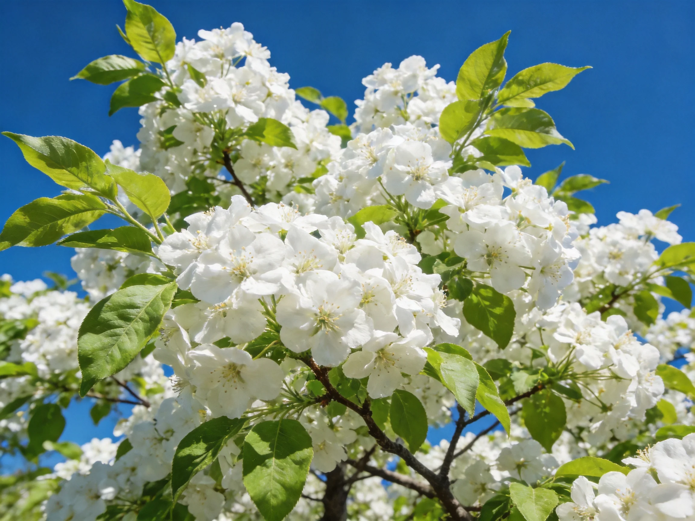 Abundant white blossoms and vibrant green leaves on a flowering tree