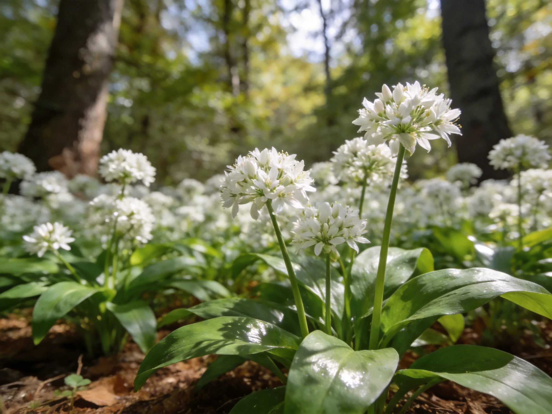 Abundant white wildflowers bloom in a sun-dappled forest glade