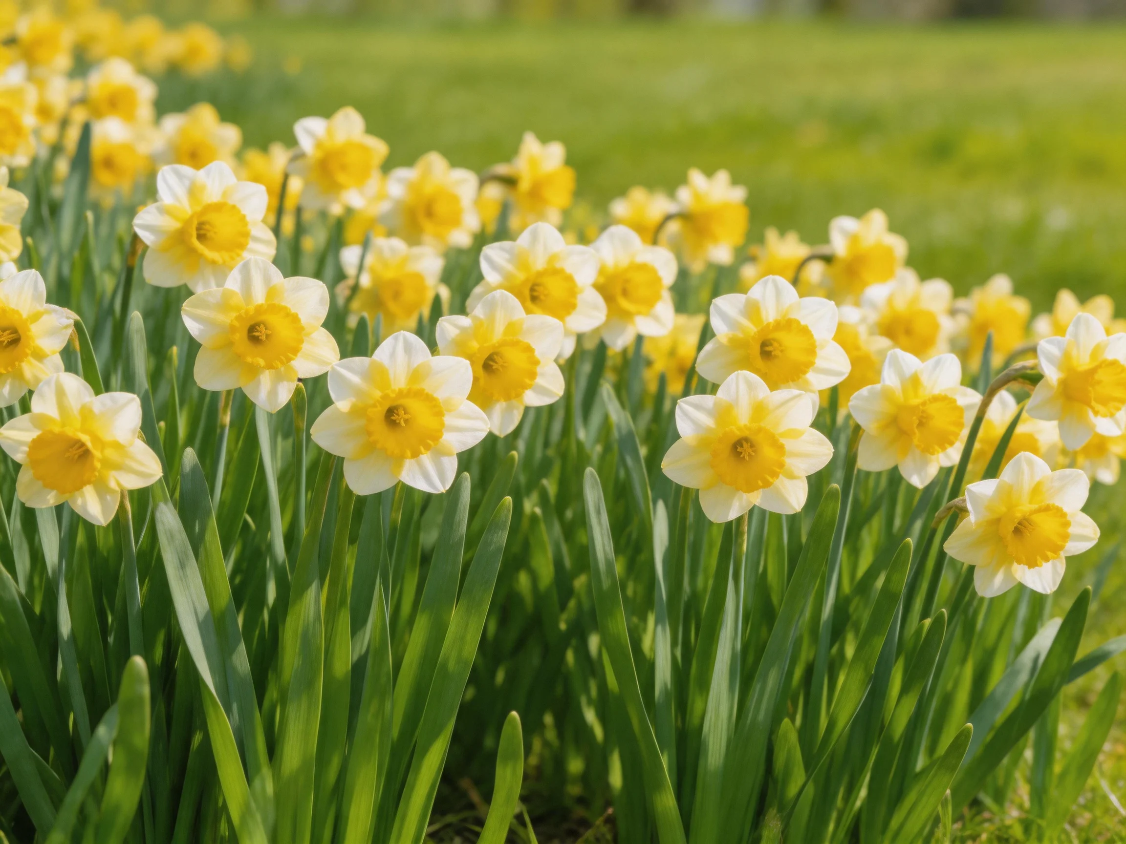 Abundant yellow-centered daffodils bloom in a sunlit meadow