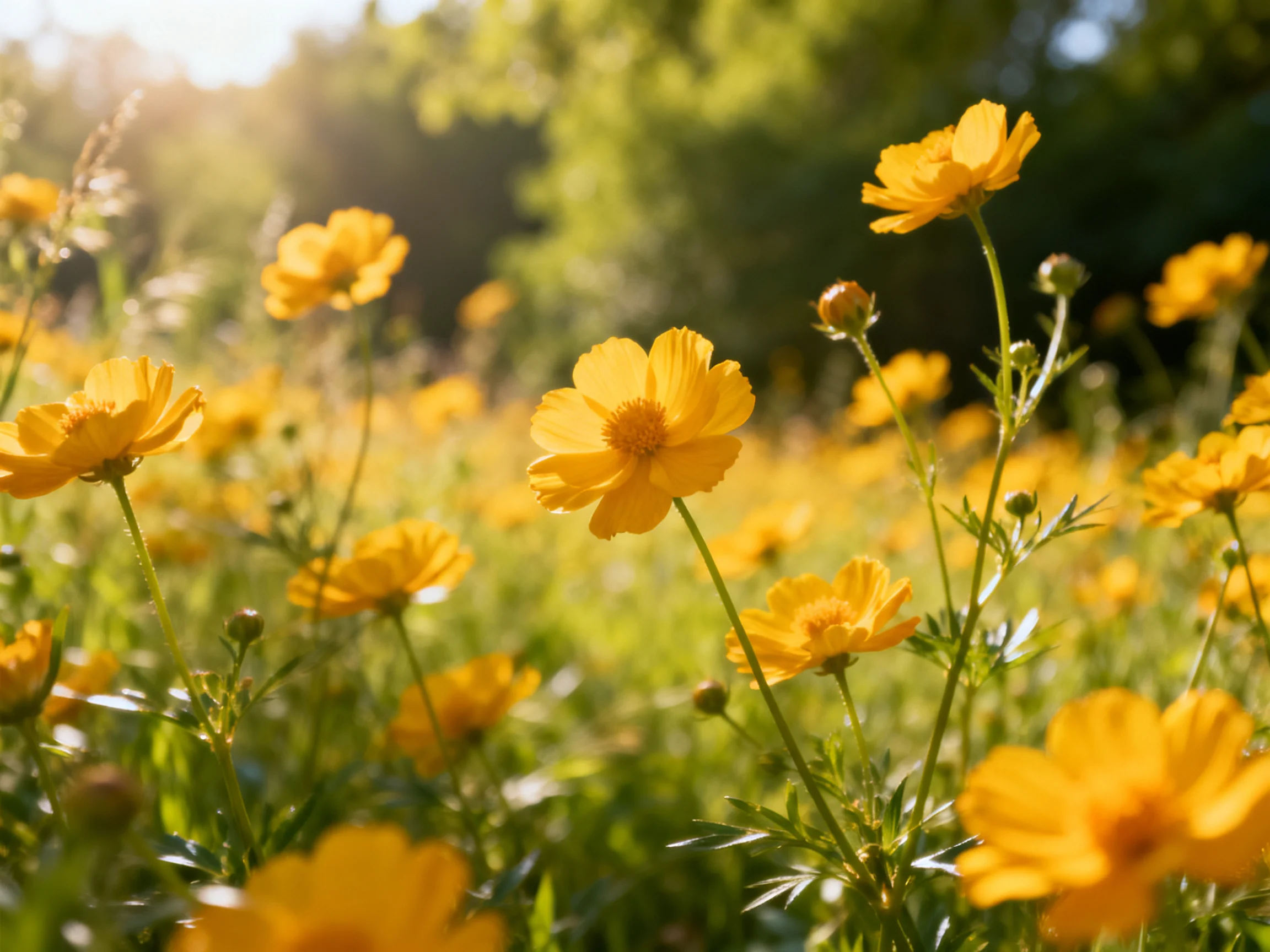 Abundant yellow cosmos flowers bloom in a sunlit meadow