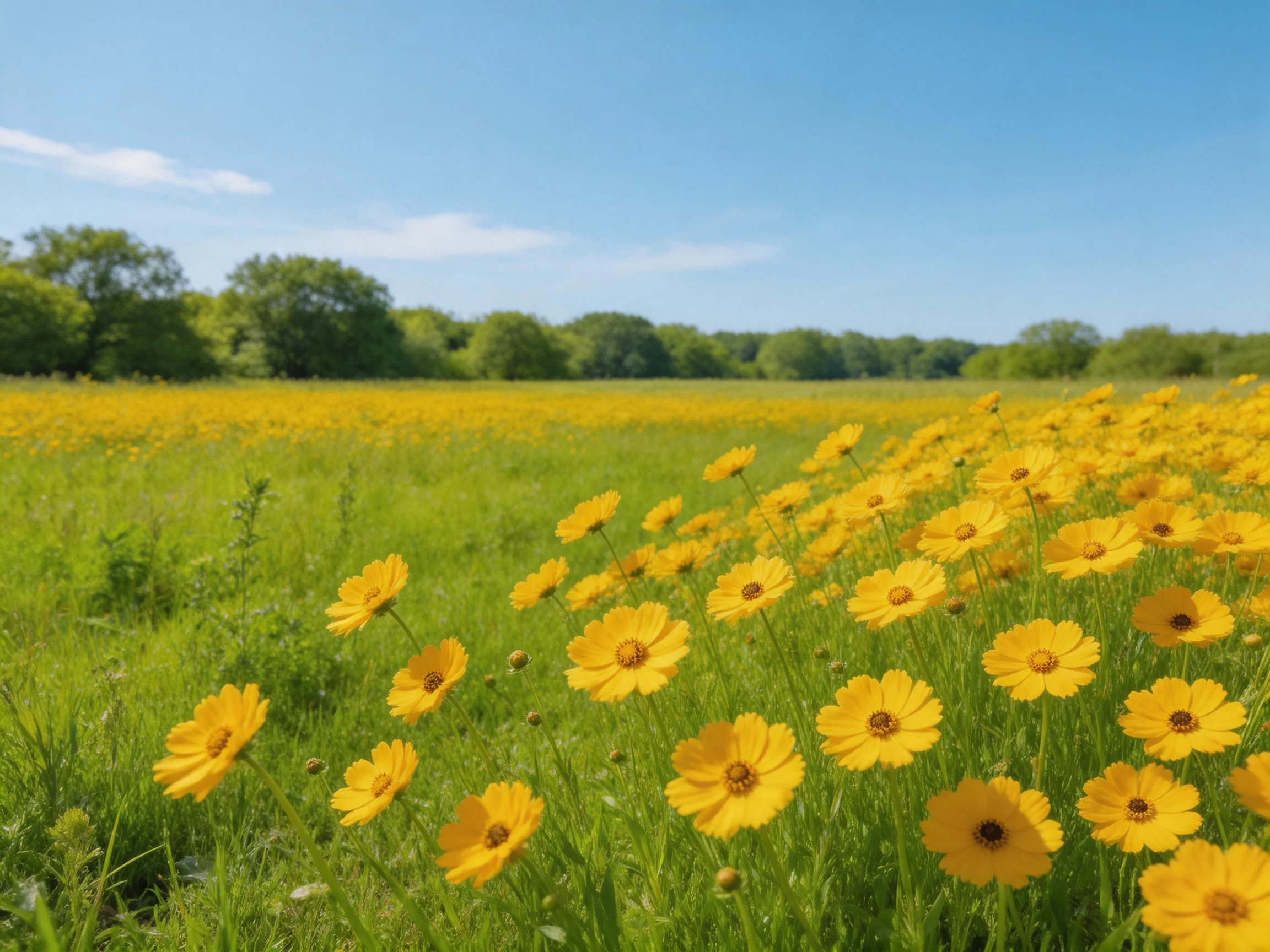 Abundant yellow wildflowers fill a vast green meadow beneath a clear blue sky