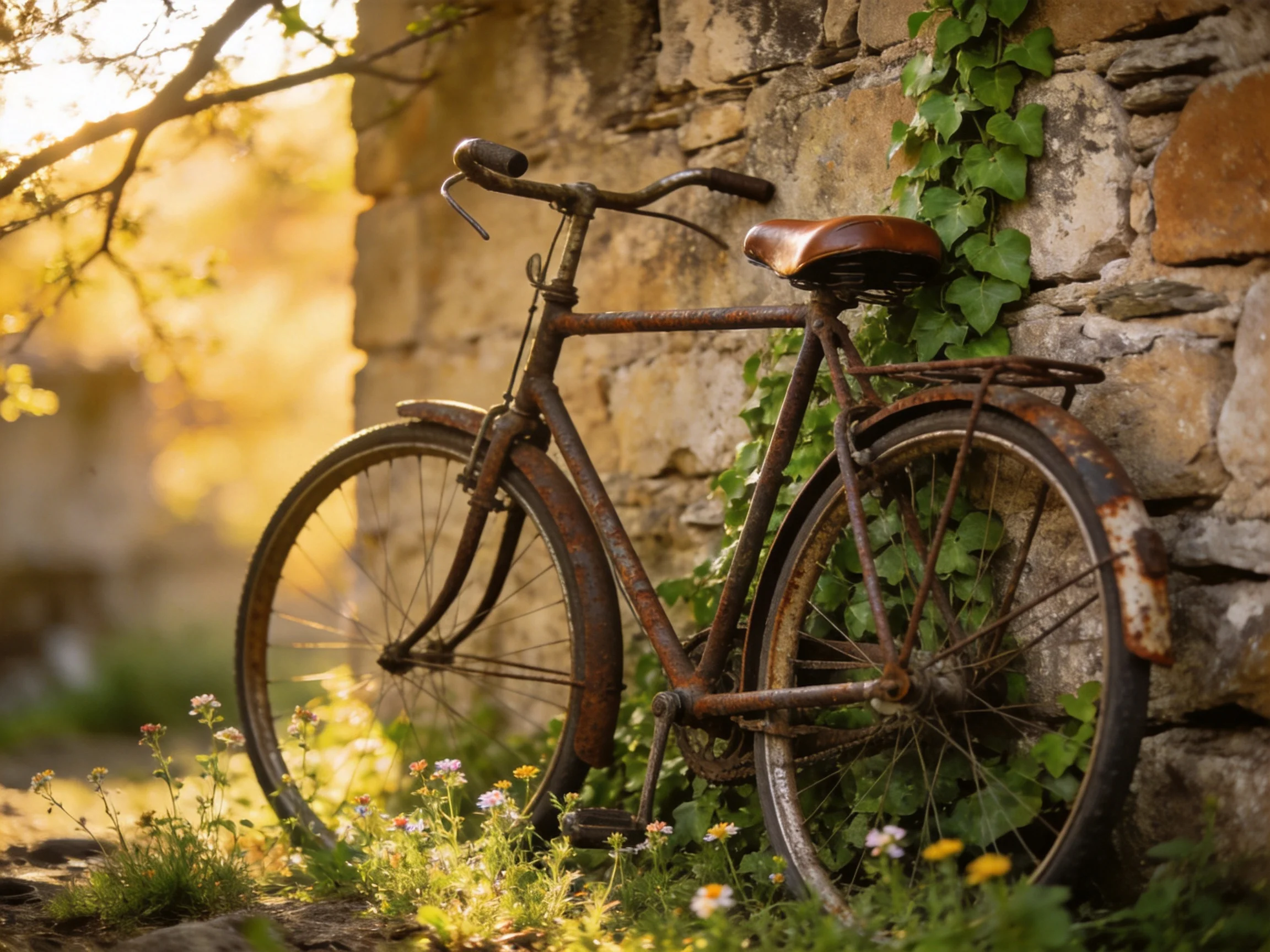 An aged rusty bicycle leans against an ivy-covered stone wall