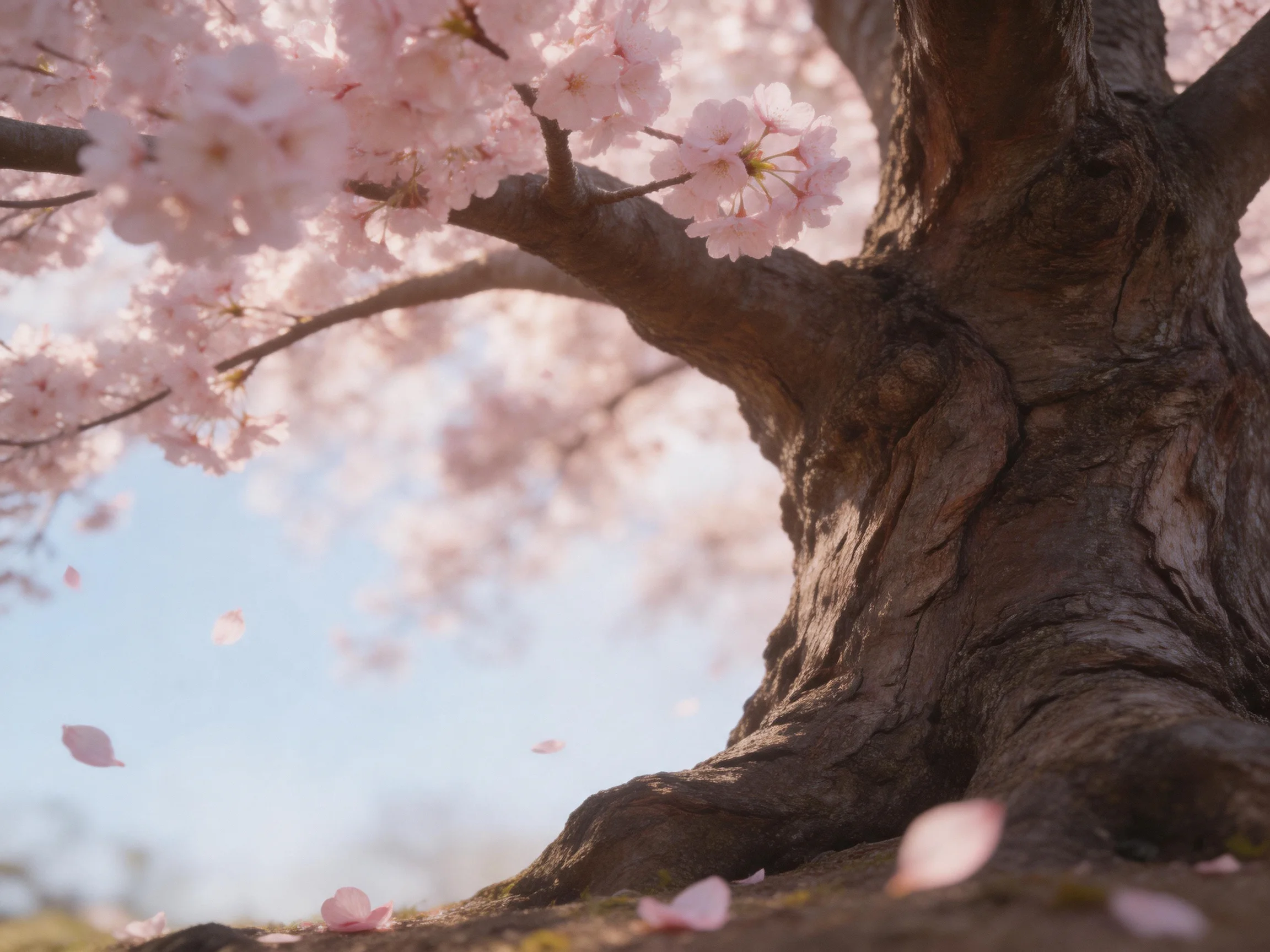An ancient cherry blossom tree with blooming pink flowers and falling petals