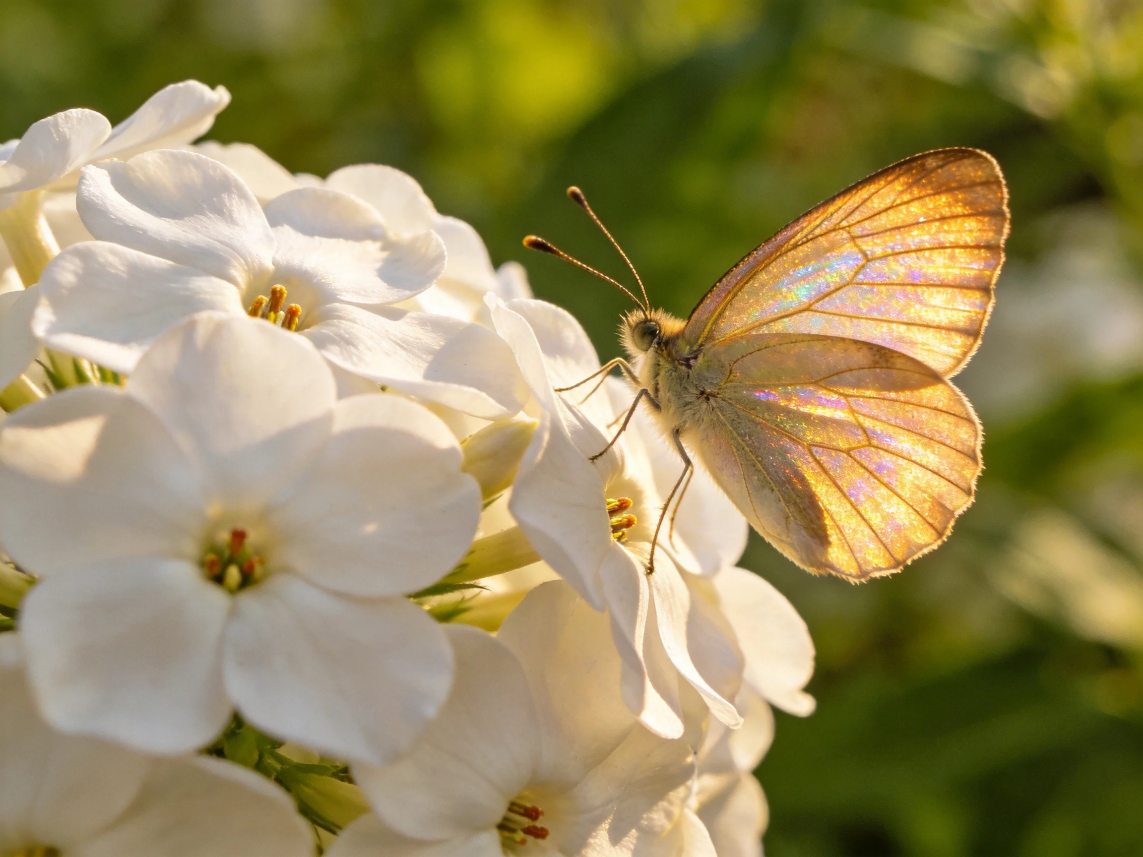An iridescent butterfly rests on delicate white flowers