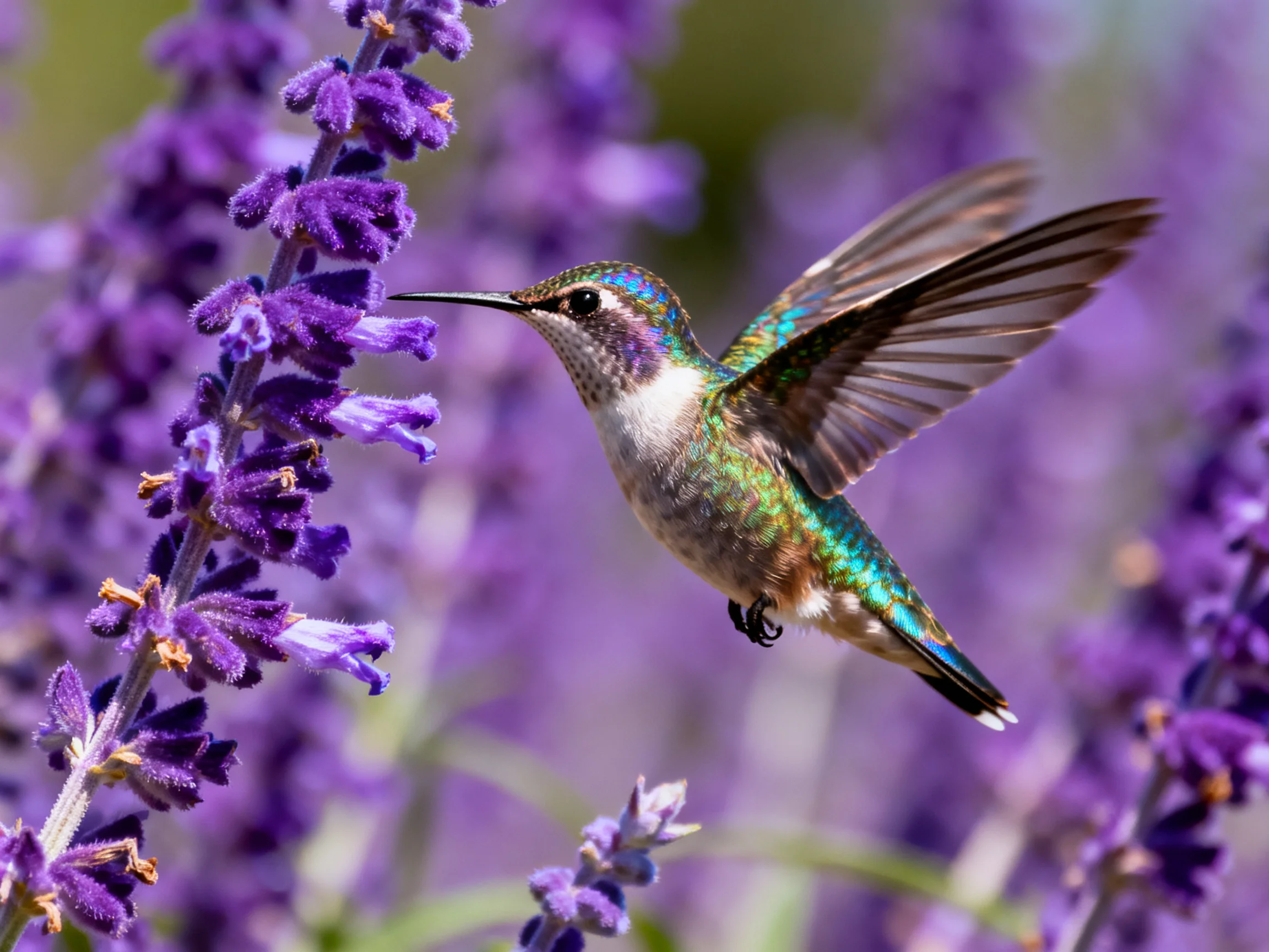 An iridescent hummingbird feeding from tall purple flowering stems