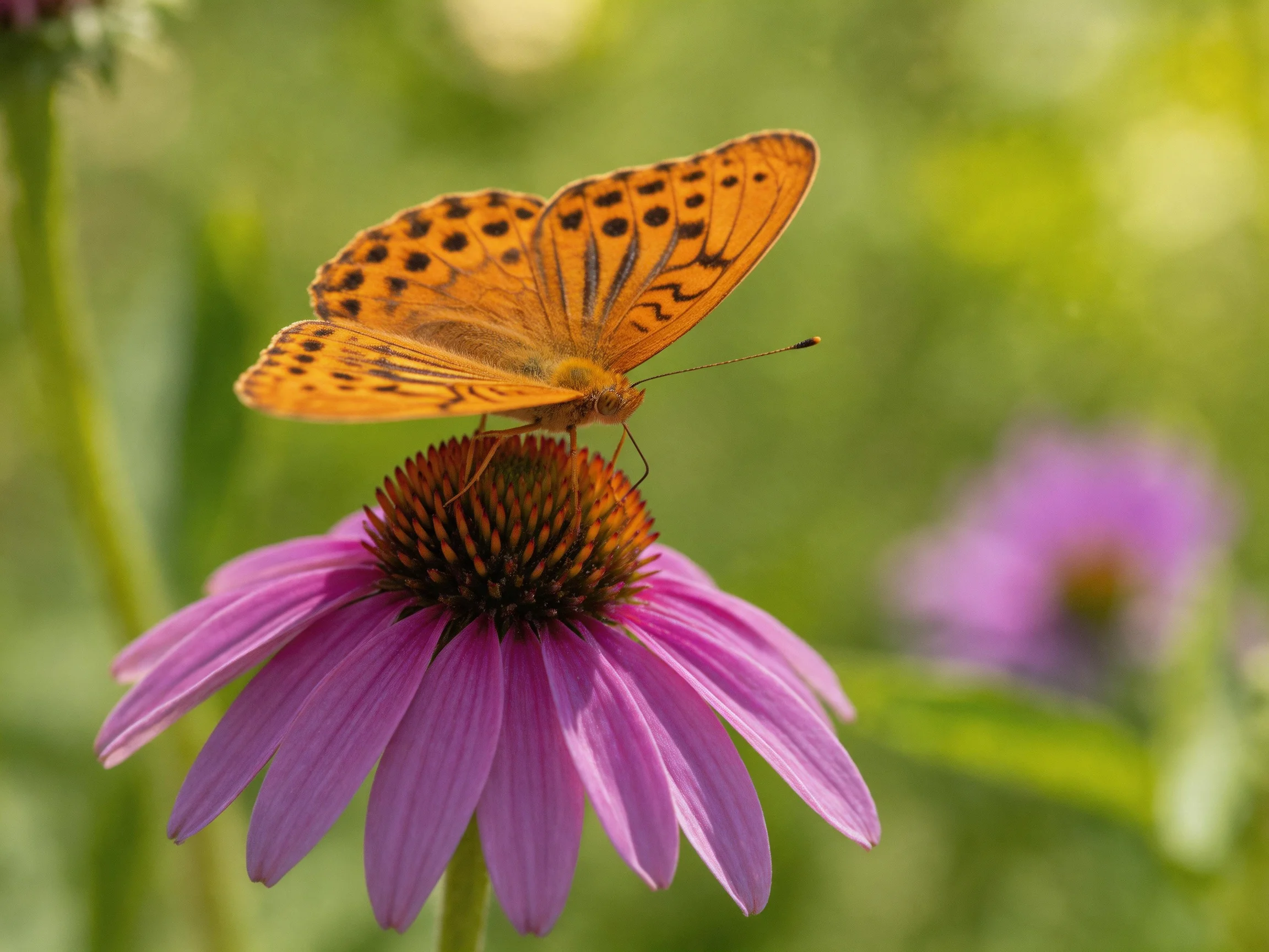 An orange butterfly perches on a vibrant purple coneflower
