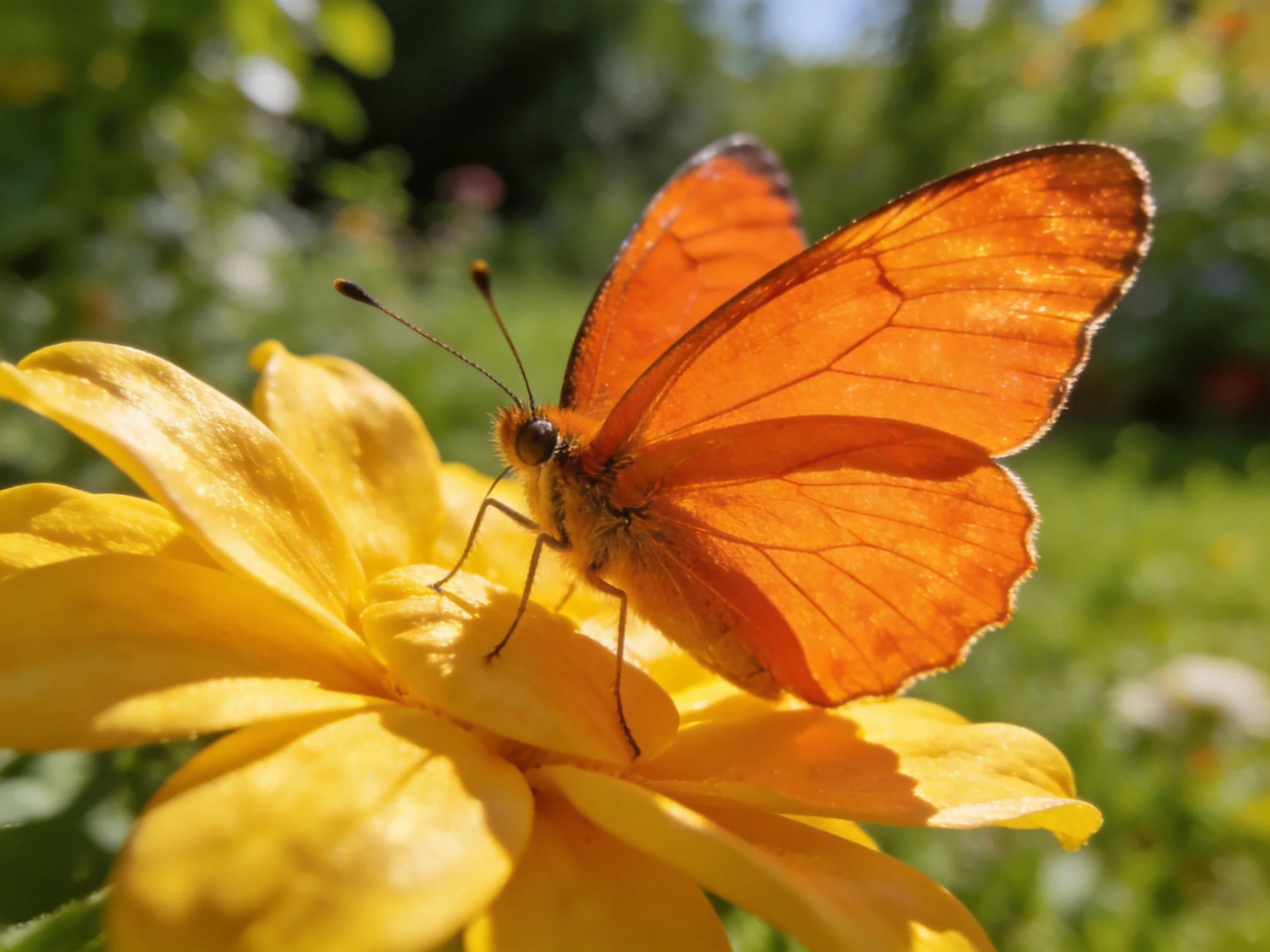 An orange butterfly perches on a vibrant yellow flower