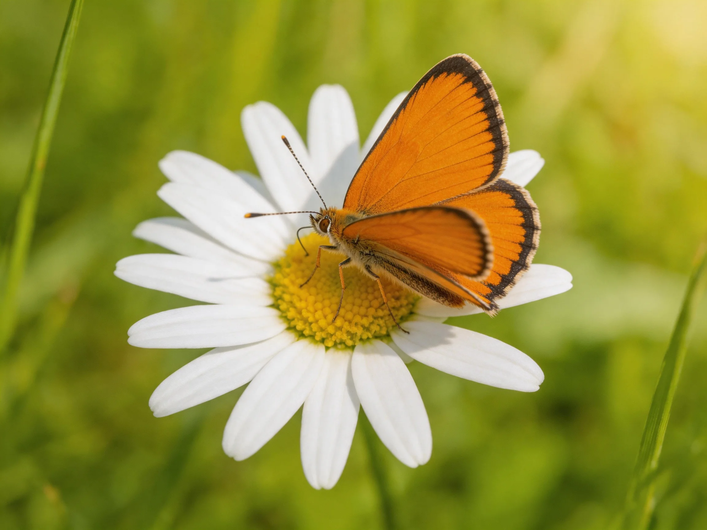 An orange butterfly perches on a white daisy amidst green foliage
