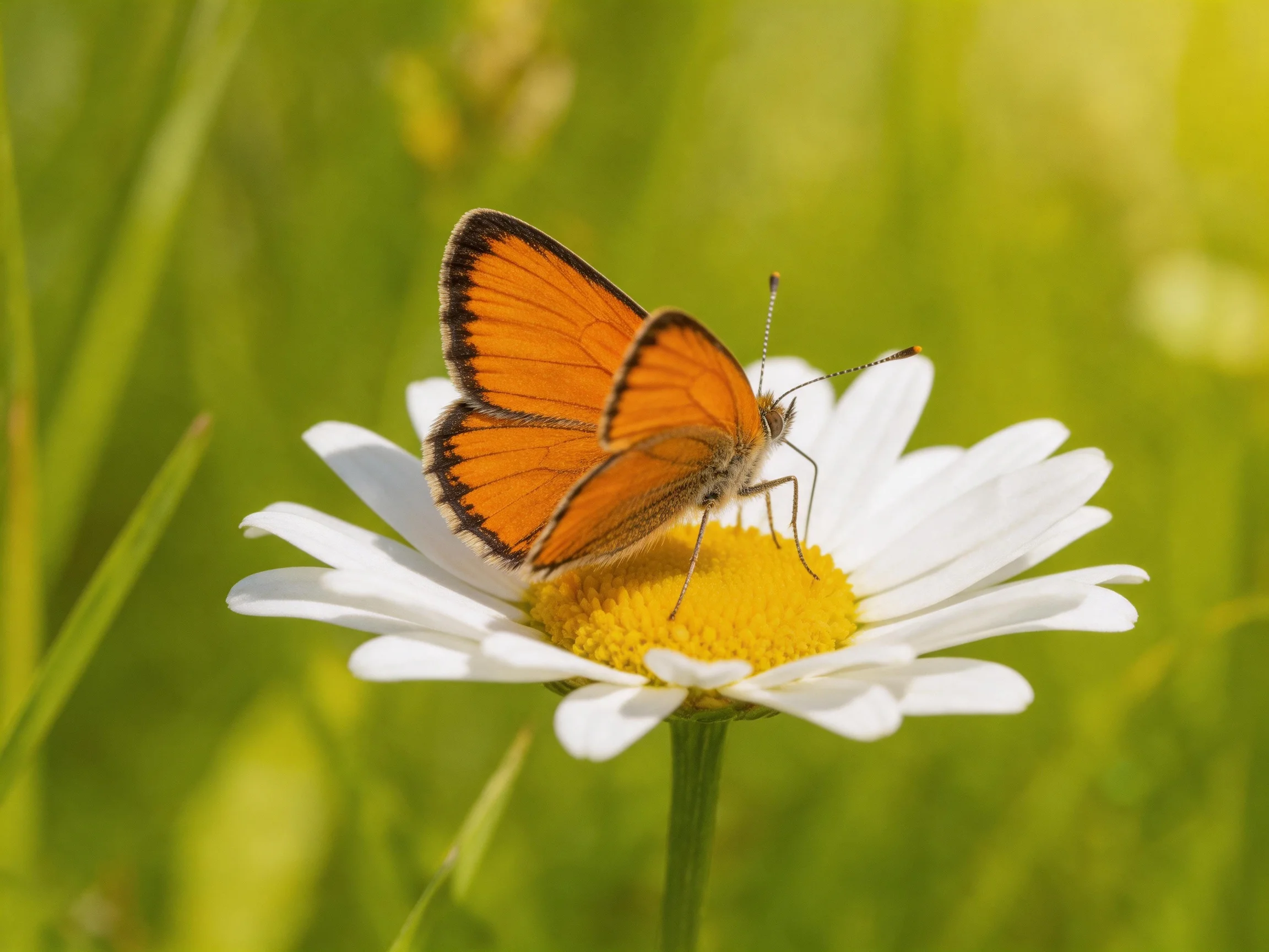 An orange butterfly perches on a white daisy with a yellow center