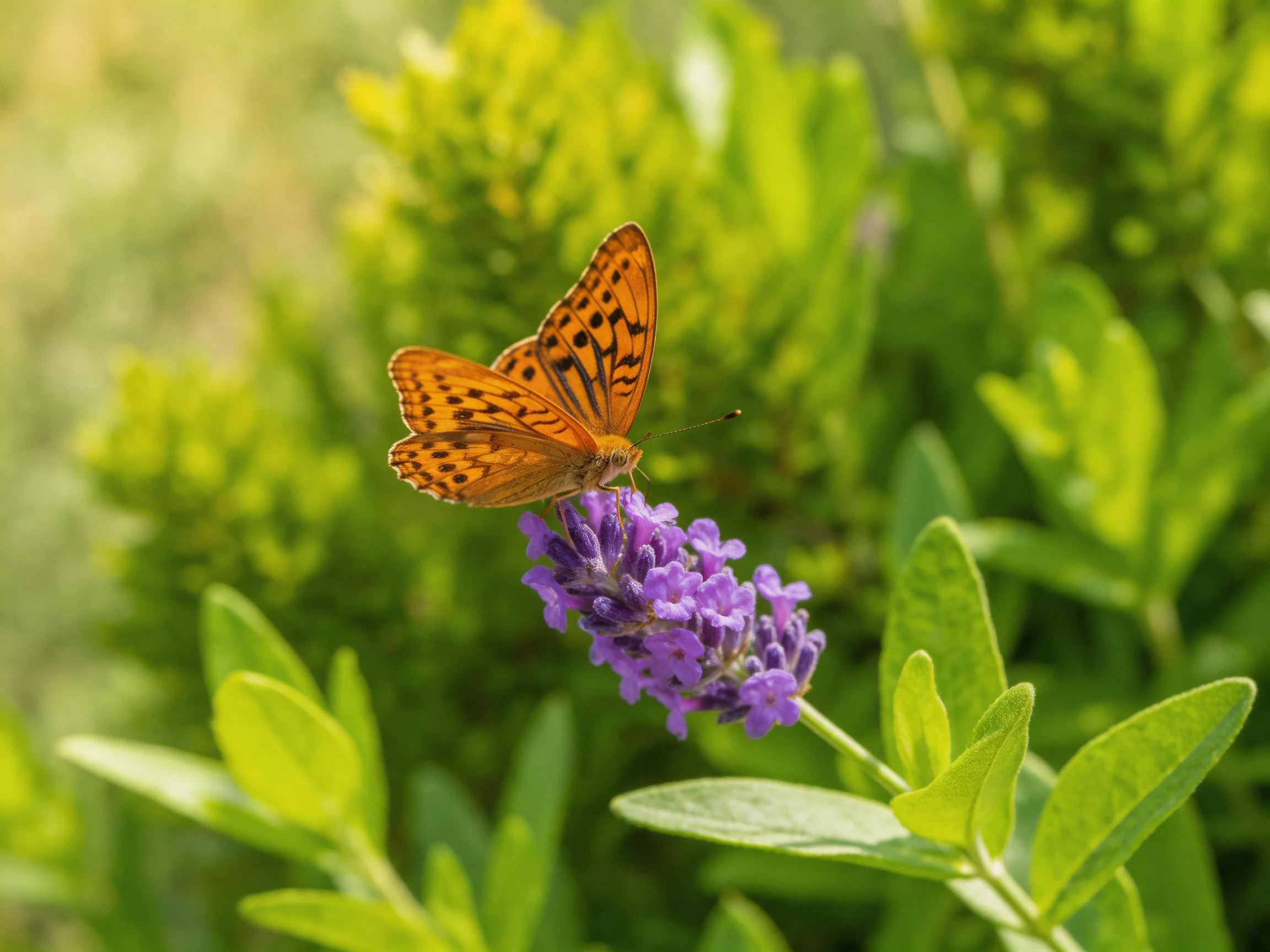 An orange butterfly perches on vibrant purple lavender amid lush green foliage