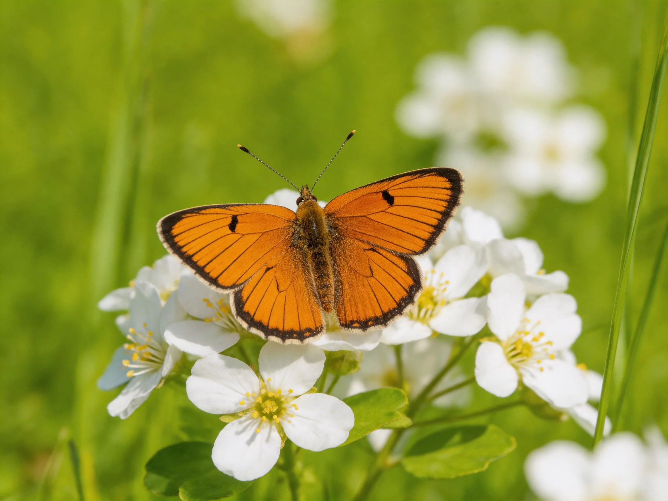 An orange butterfly rests on delicate white blooms amid lush greenery