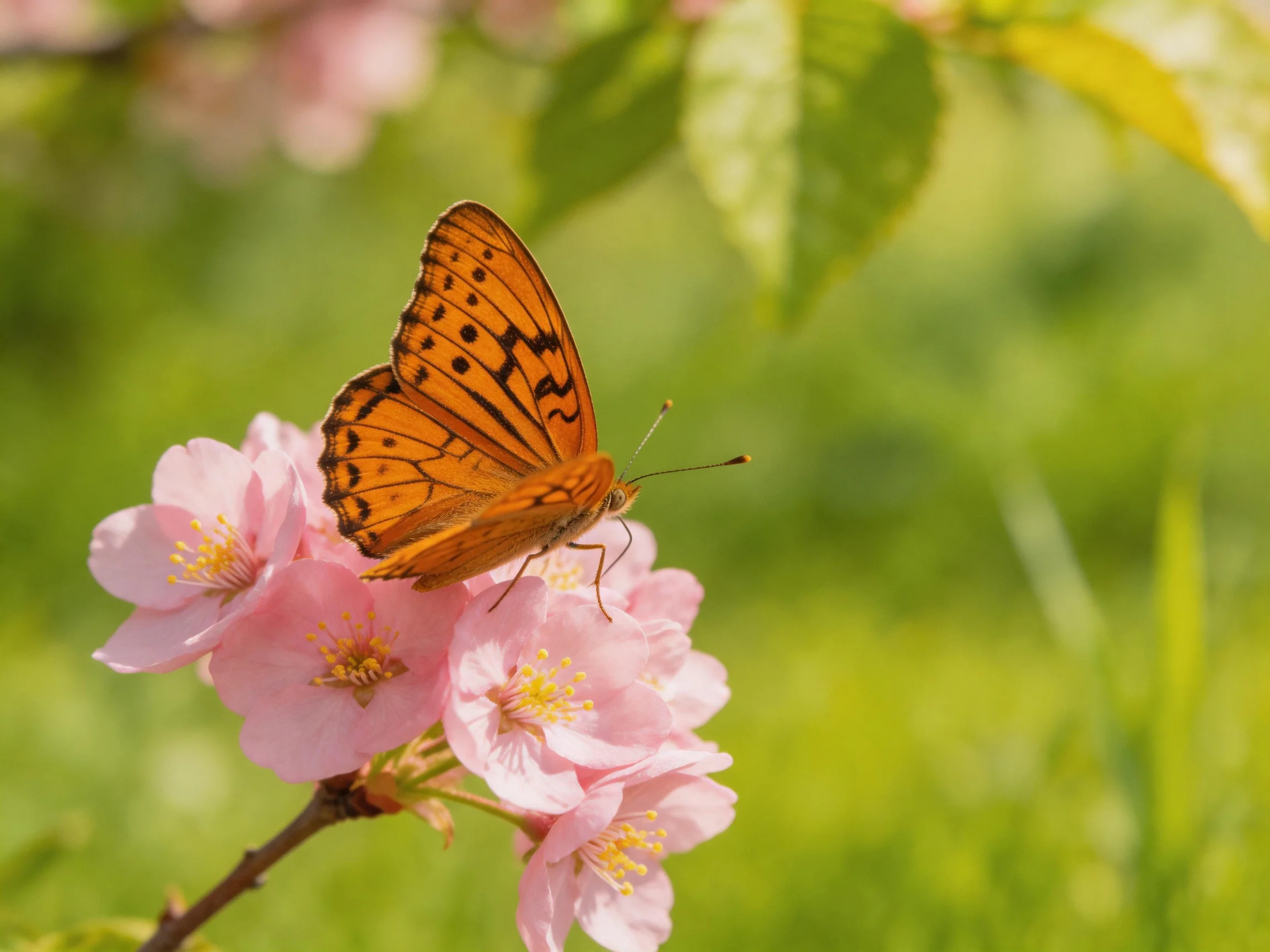 An orange butterfly rests on soft pink cherry blossoms with green foliage