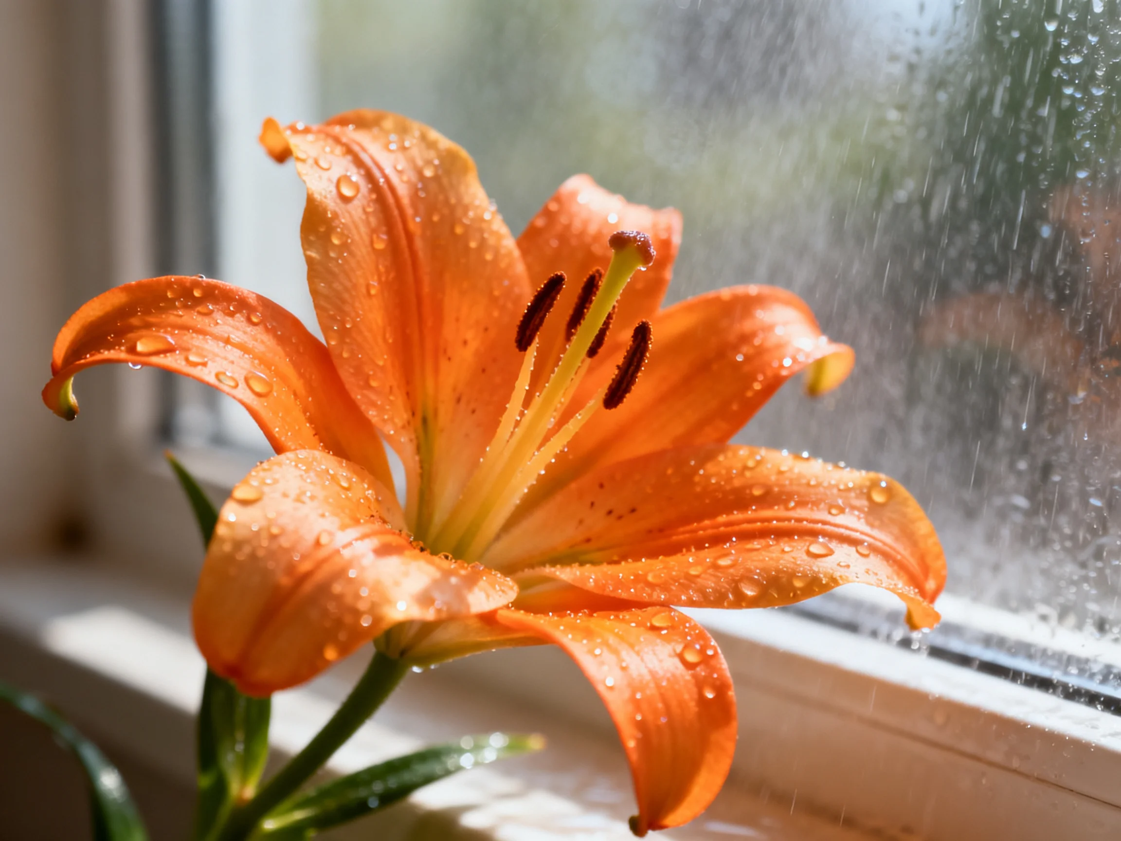 An orange lily with dew drops sits by a rain-speckled window