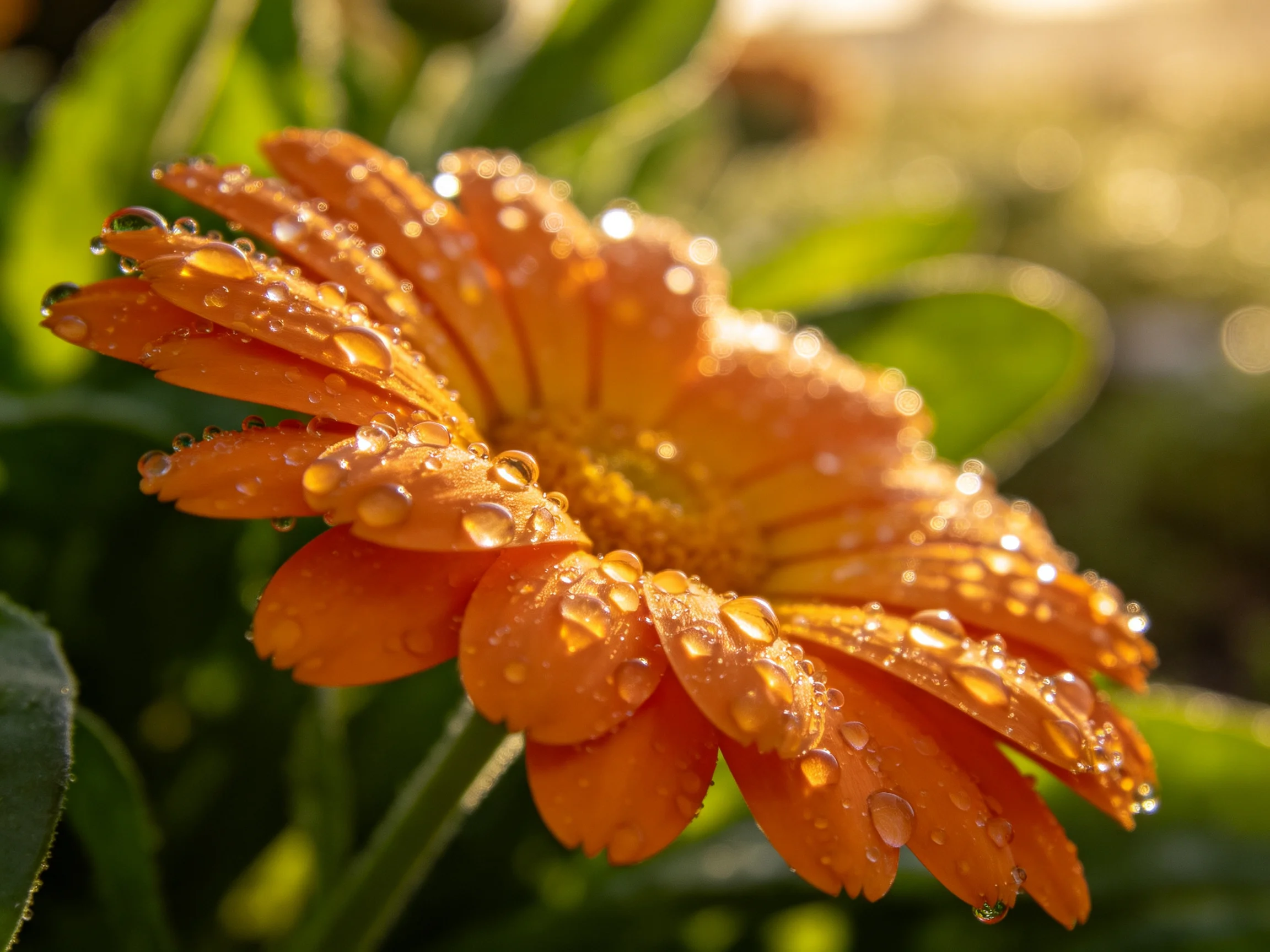 An orange marigold flower covered in glistening dewdrops
