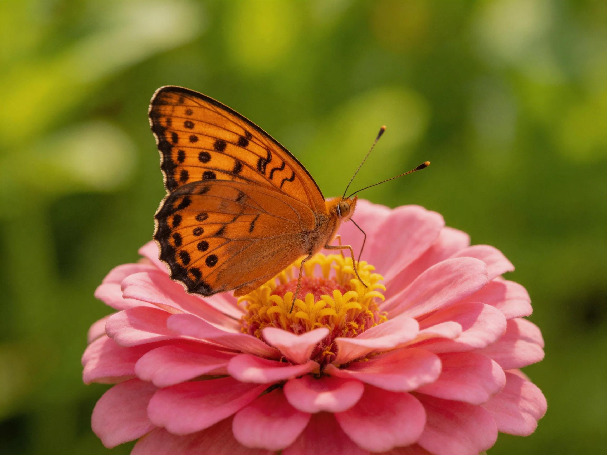 An orange-spotted butterfly perches on a vibrant pink zinnia flower