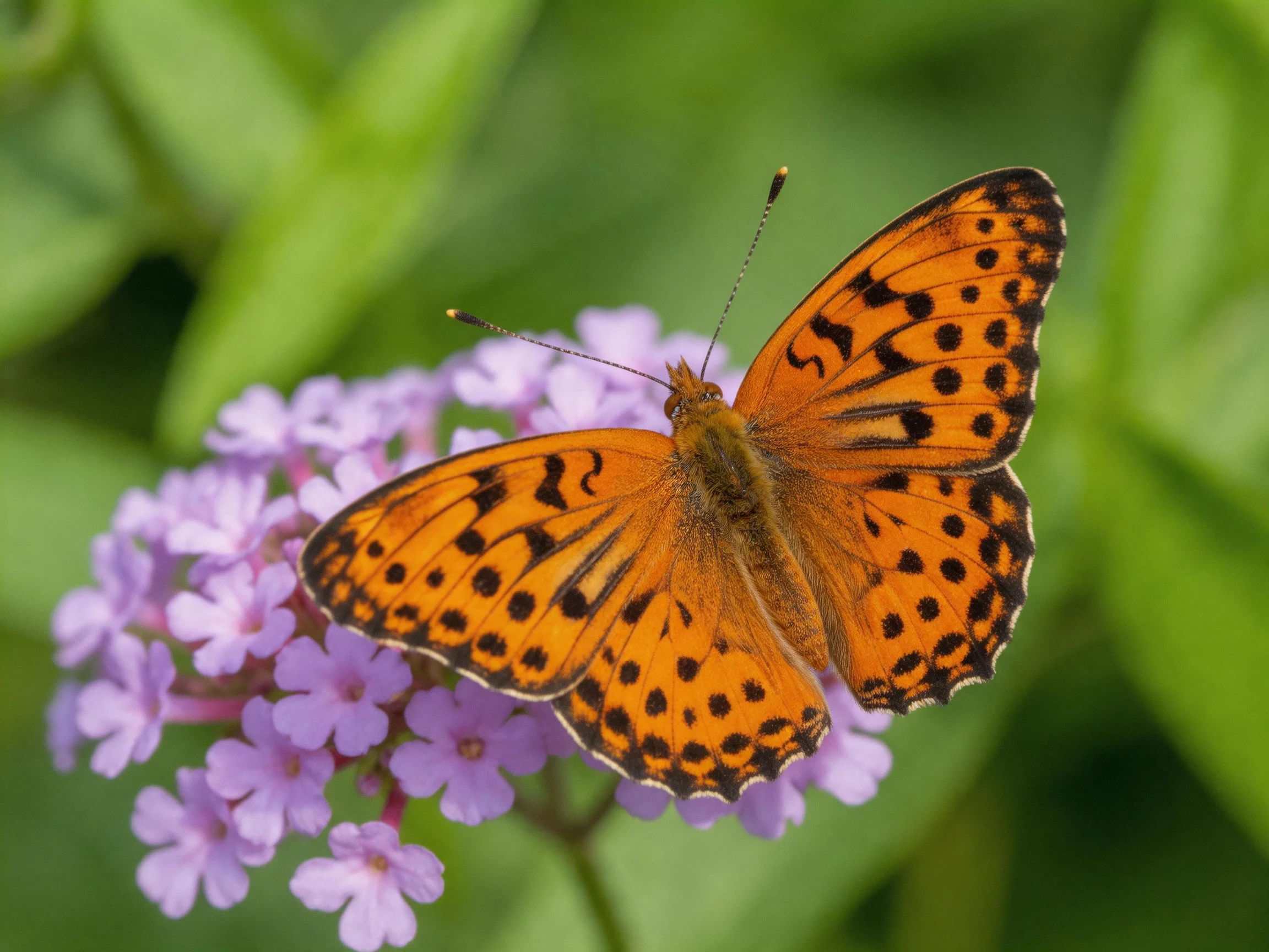 An orange-spotted butterfly rests on vibrant purple blooms