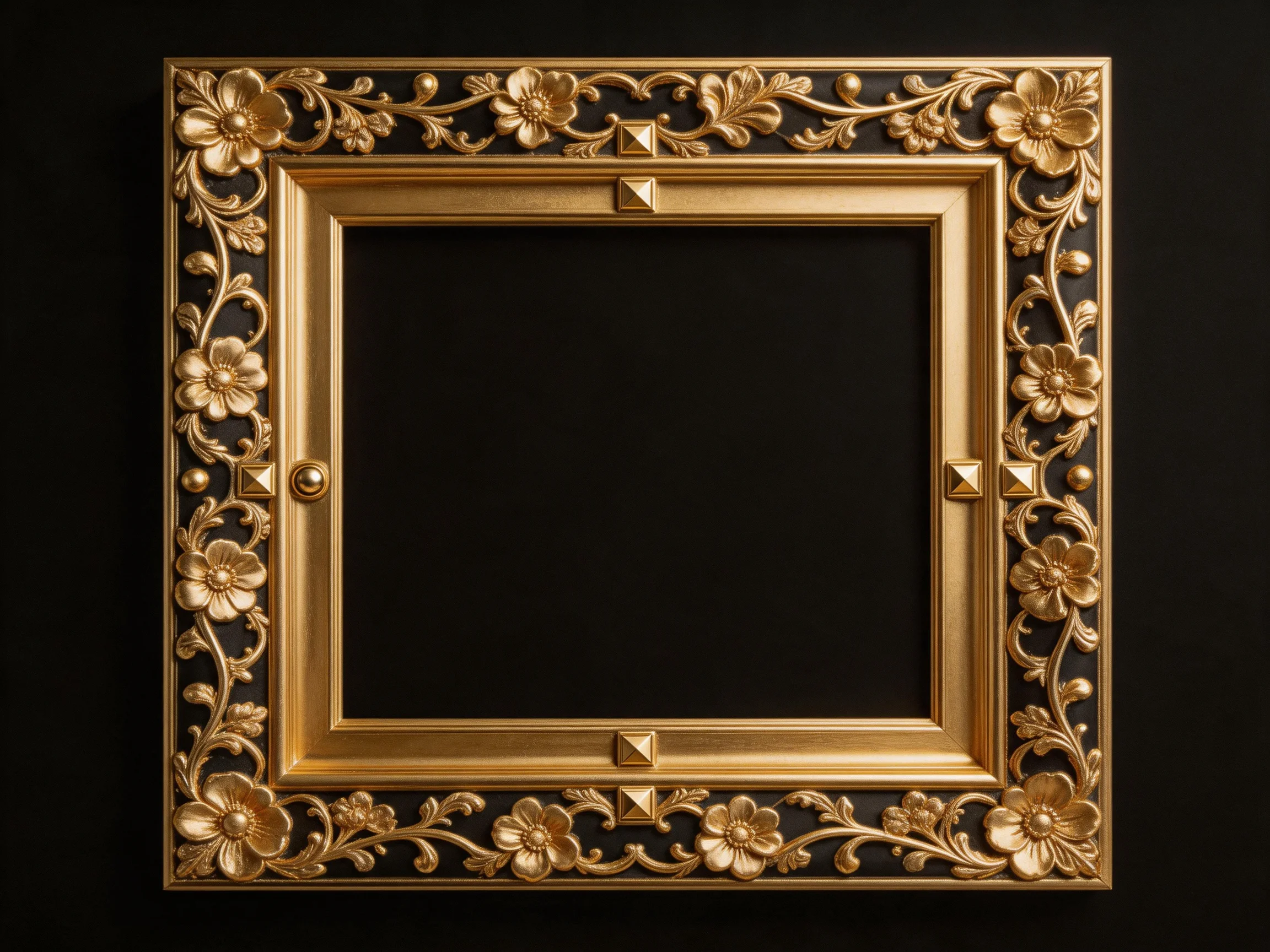 An ornate gold decorative square picture frame with floral motifs