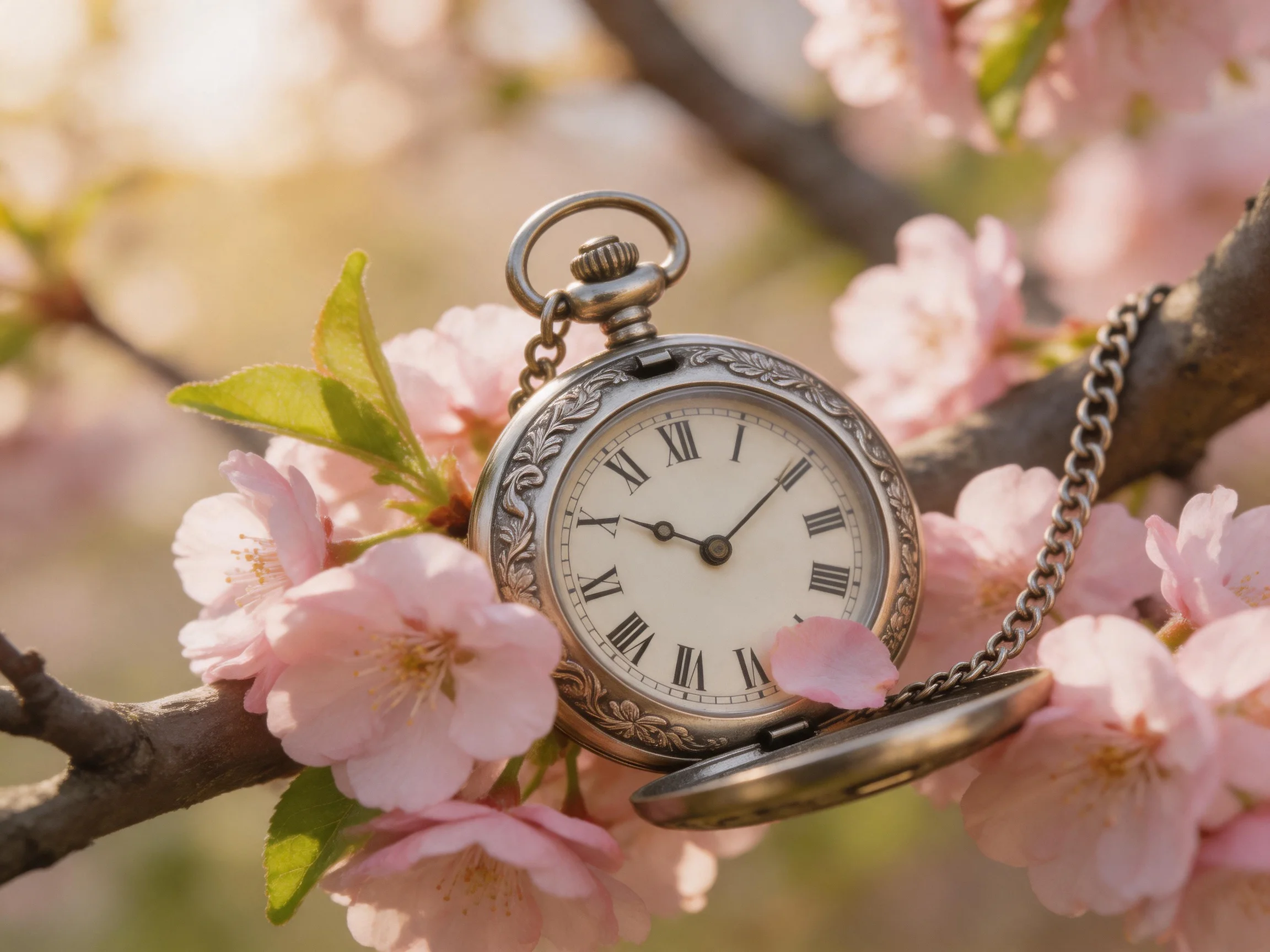 An ornate silver pocket watch resting among soft pink blossoms on a tree branch