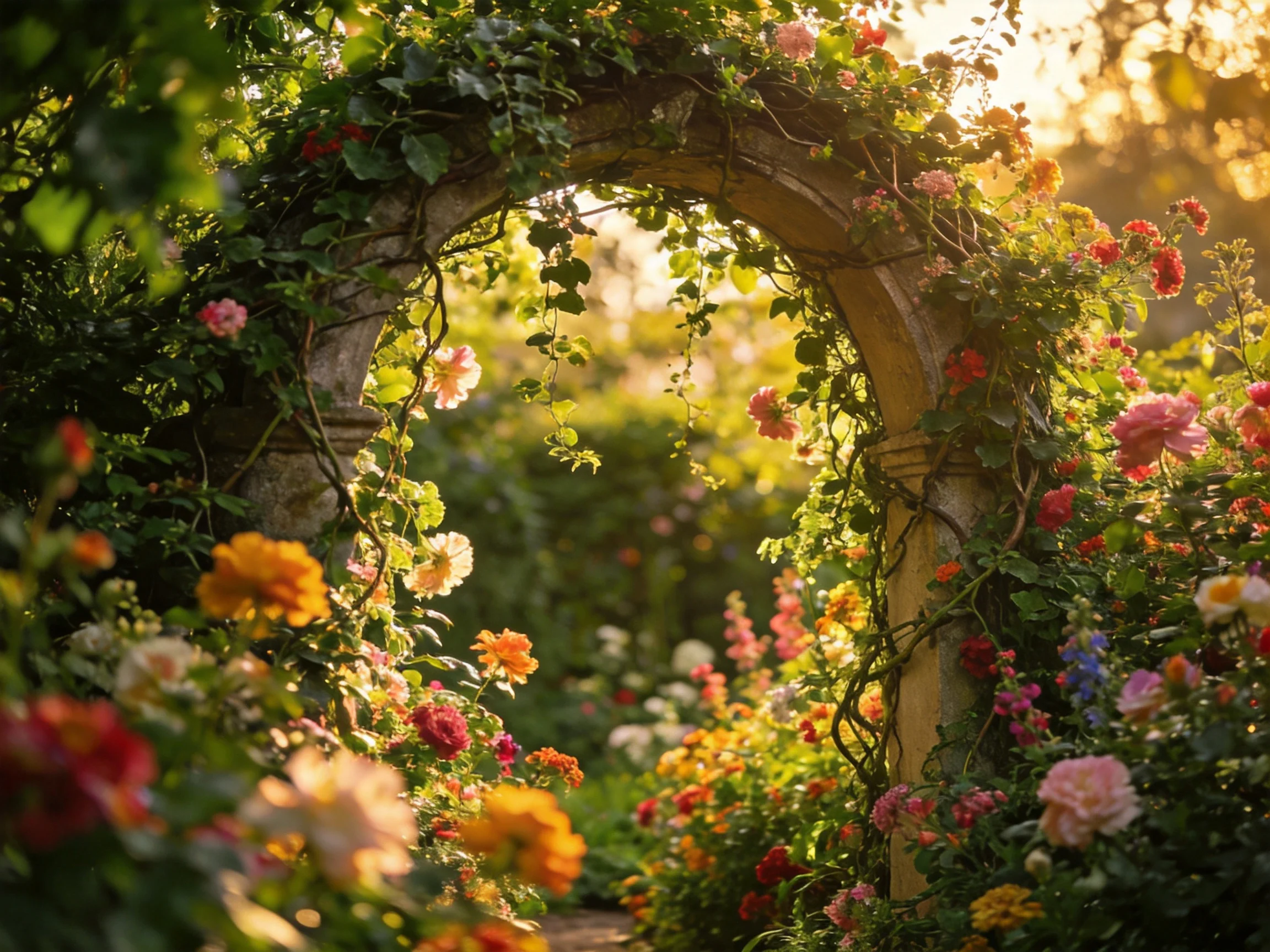An ornate stone archway surrounded by diverse colorful flowers