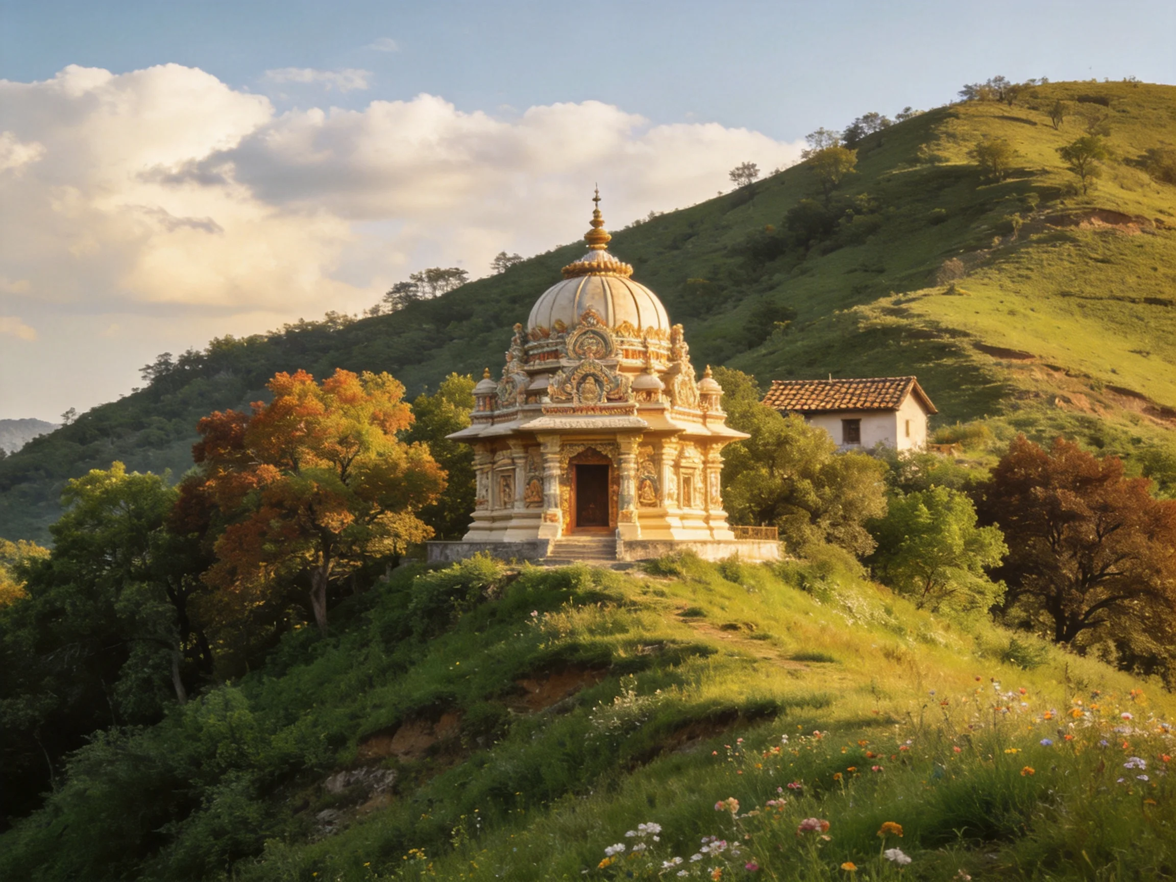 An ornate stone temple sits atop a lush green hillside near a cottage