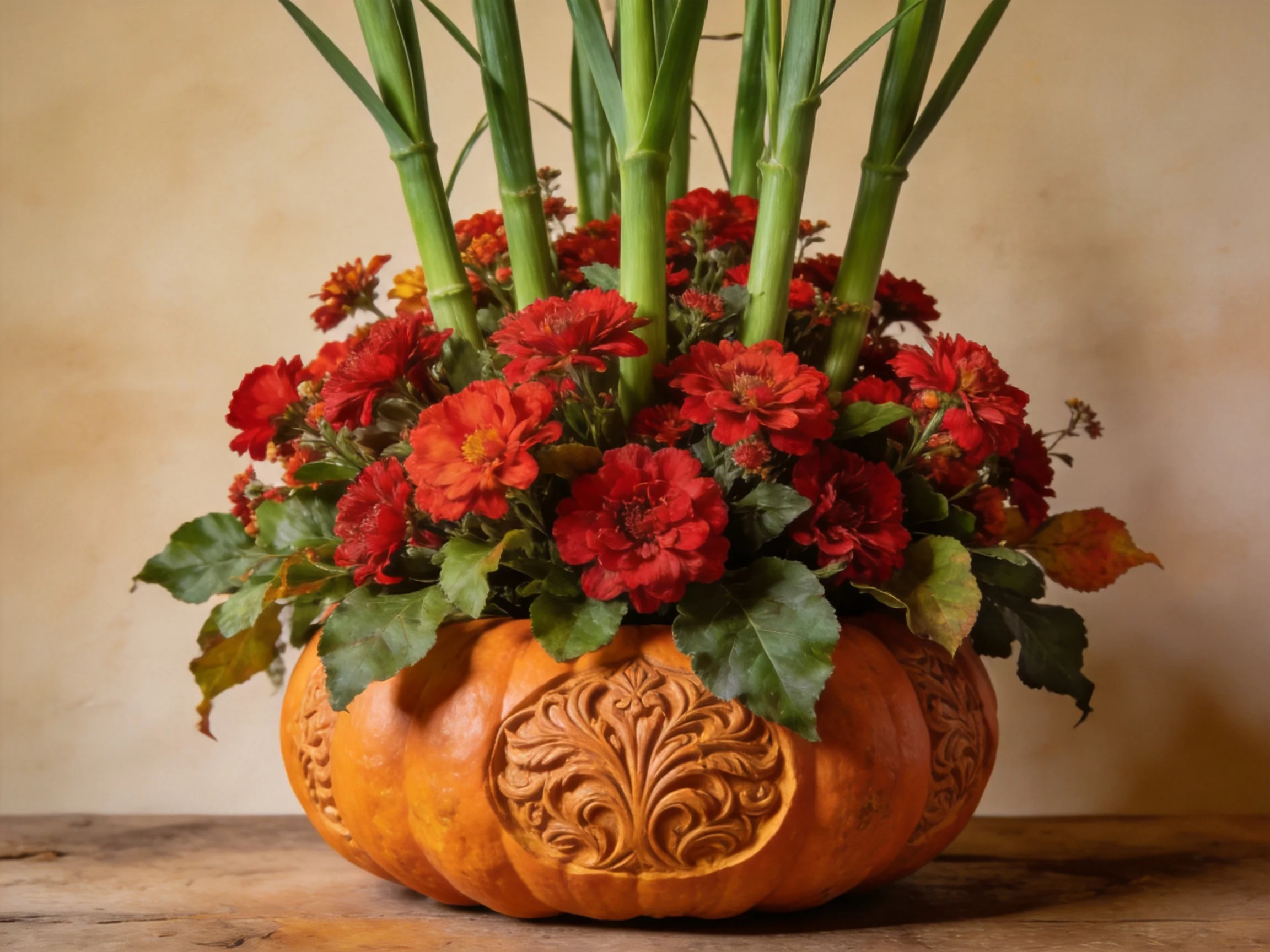 An ornately carved orange pumpkin holds vibrant red flowers and green stems.