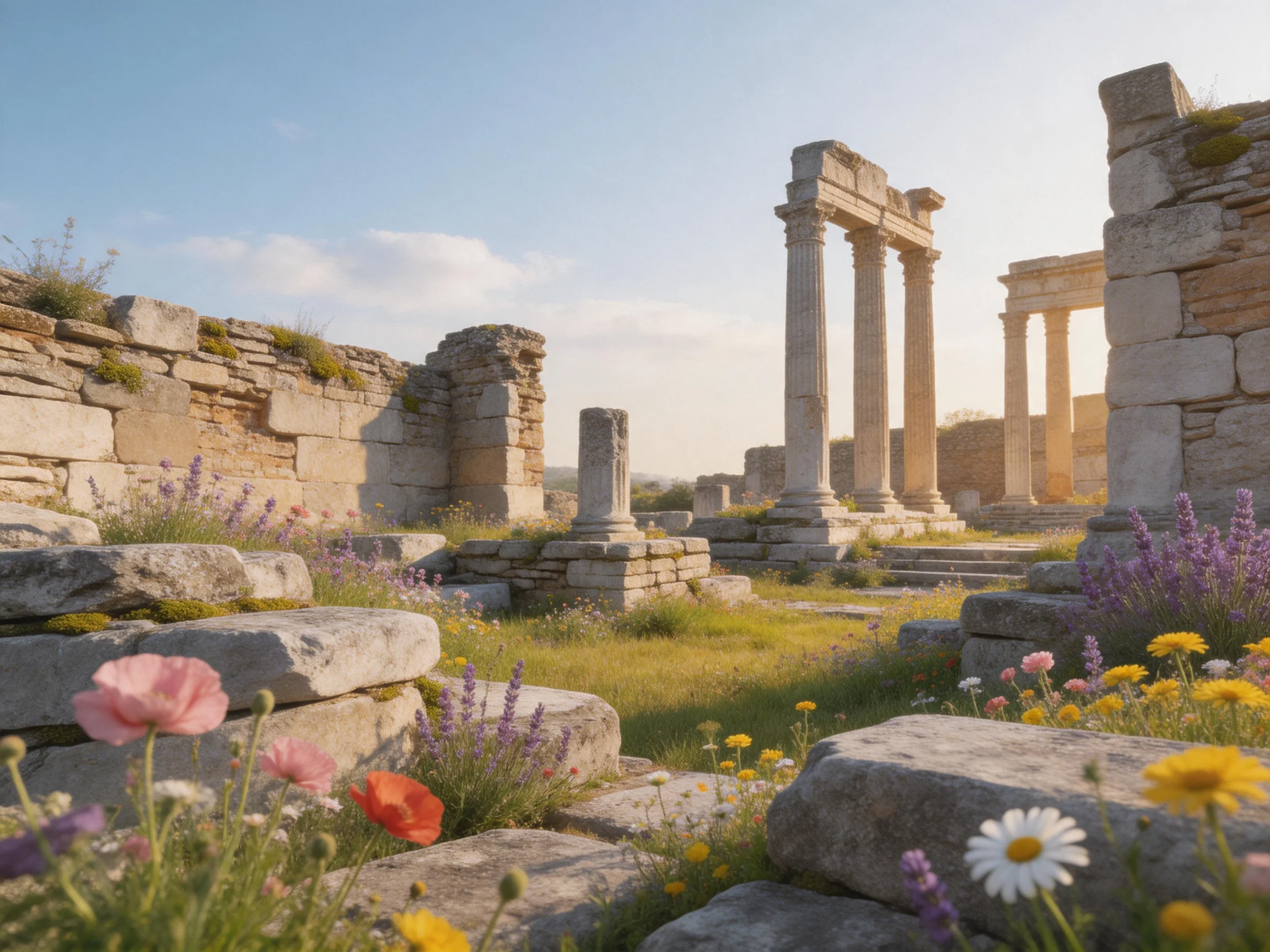 Ancient ruins adorned with vibrant wildflowers and stone columns