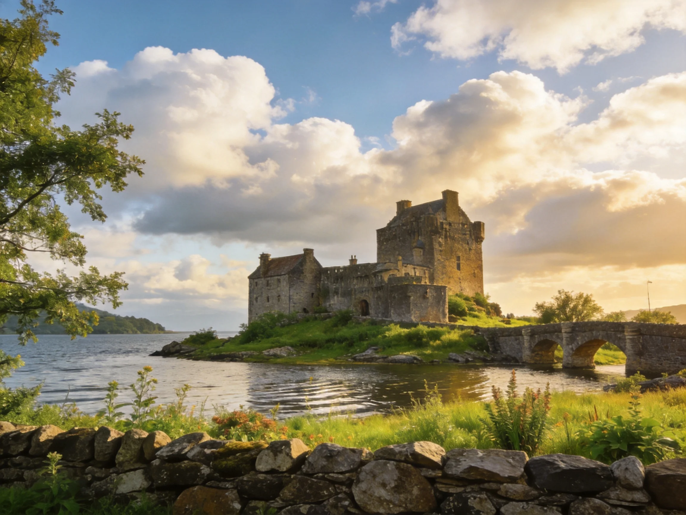 Ancient stone castle by tranquil lake with arched bridge