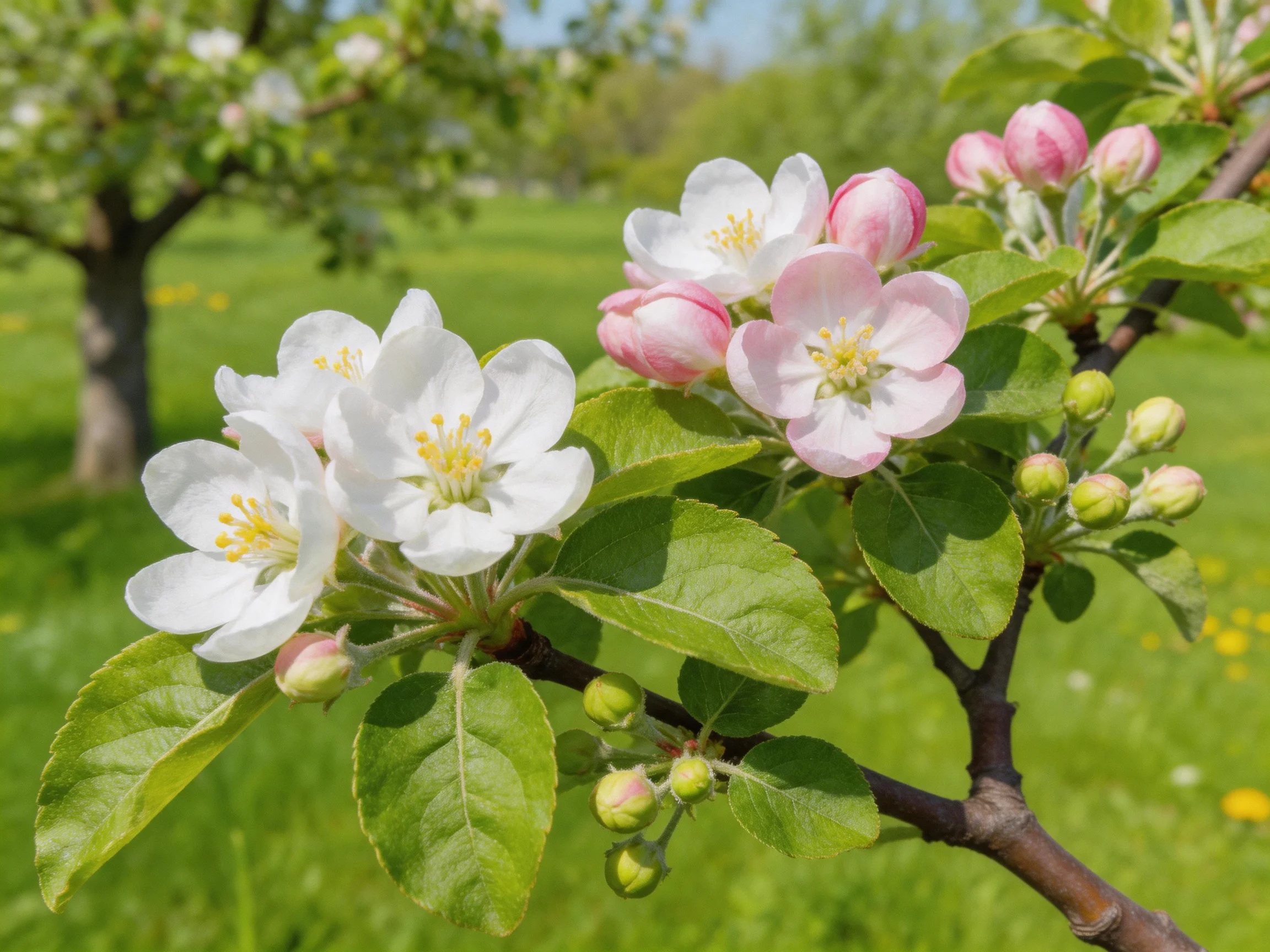 Apple tree branches adorned with white and pink blossoms in a green landscape