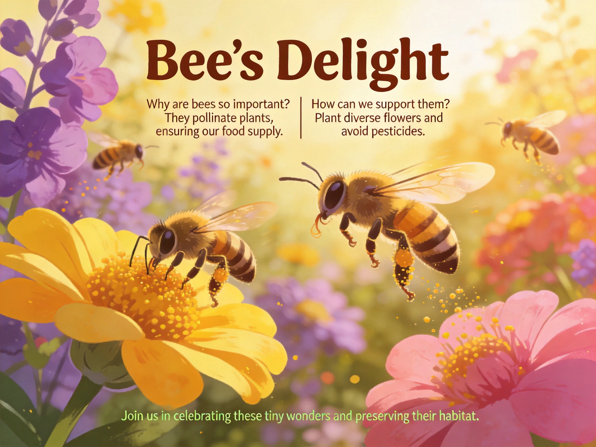 Bees Delight: Bees Pollinating Colorful Flowers