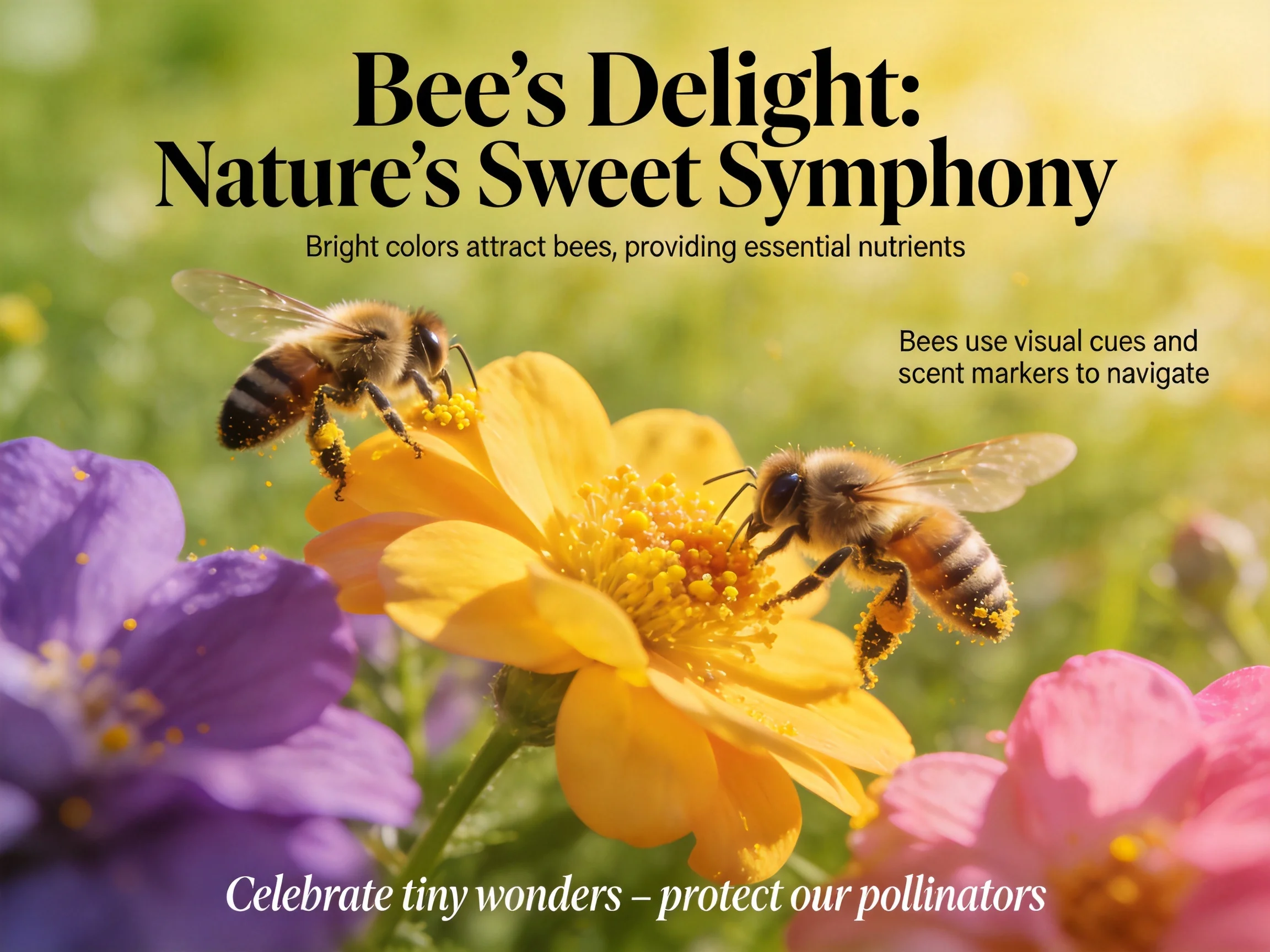 Bees pollinate colorful flowers in a sunlit garden
