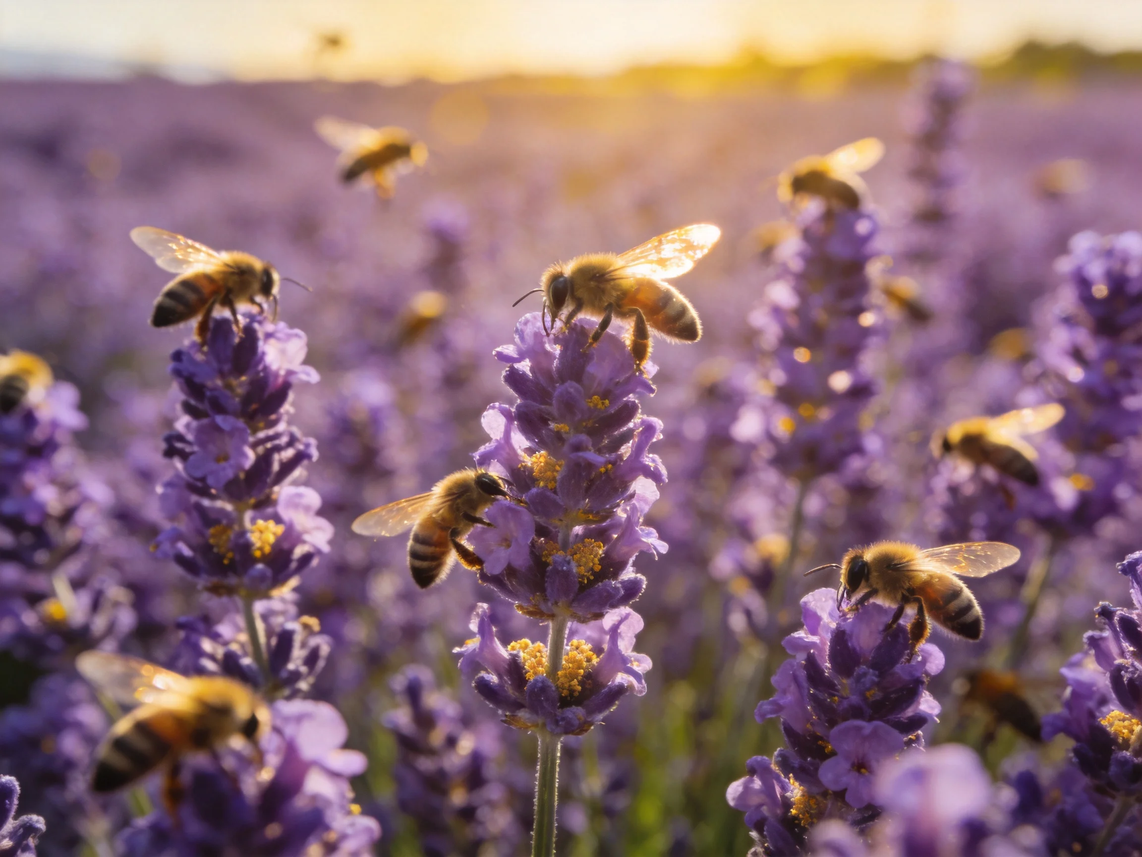 Bees pollinating vibrant purple lavender fields at sunset