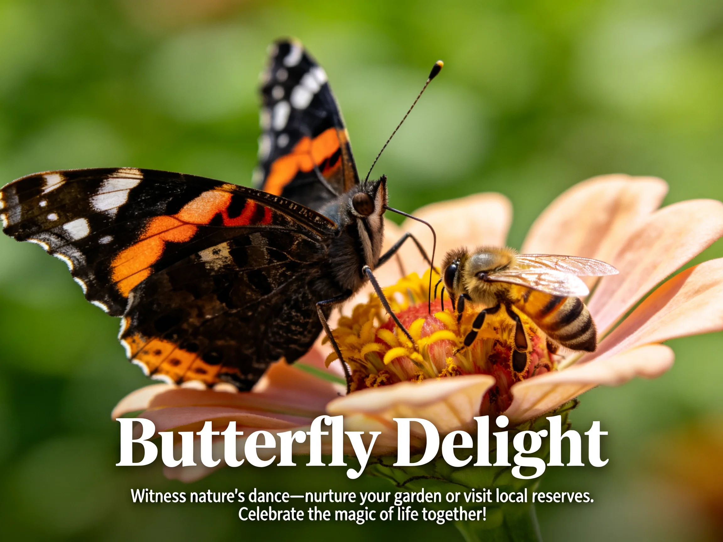 Black-and-orange Butterfly and Bee on Pink Flower