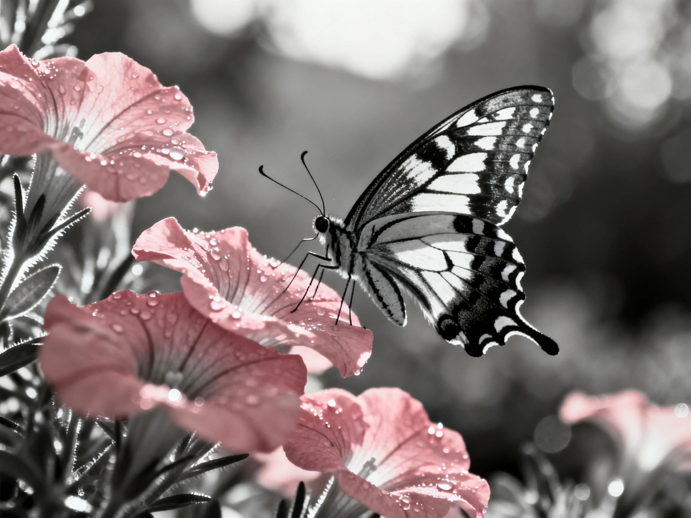 Black-and-white butterfly on pink petunias with dewdrops