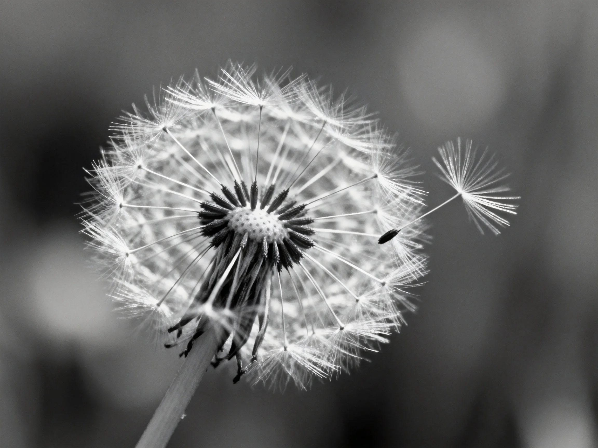 Black and white close - up of a dandelion with floating seeds
