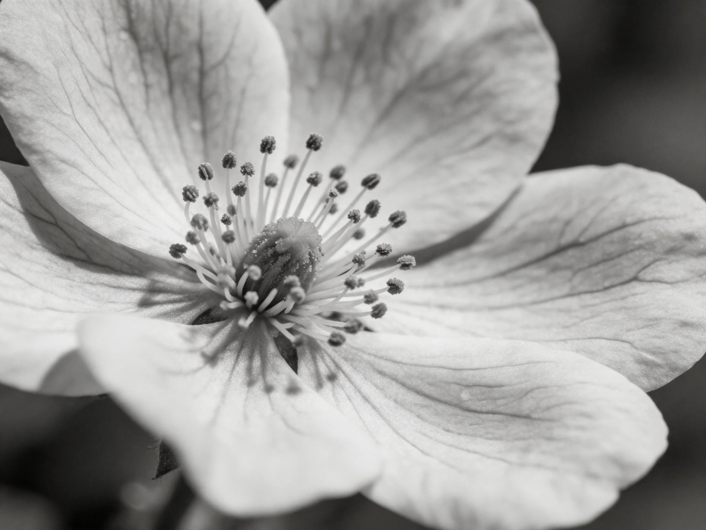 Black and white close-up of a flower with detailed stamens and soft petals