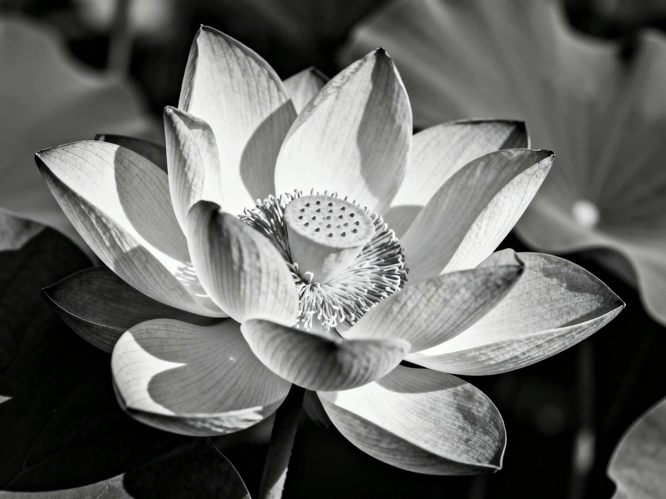 A black - and - white close - up highlights a fully bloomed lotus flower with layered petals.
