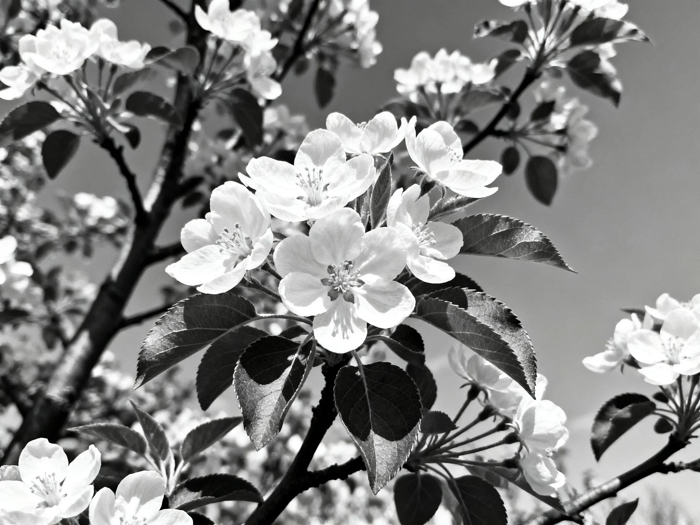 Black-and-white close-up of apple blossoms with dark leaves