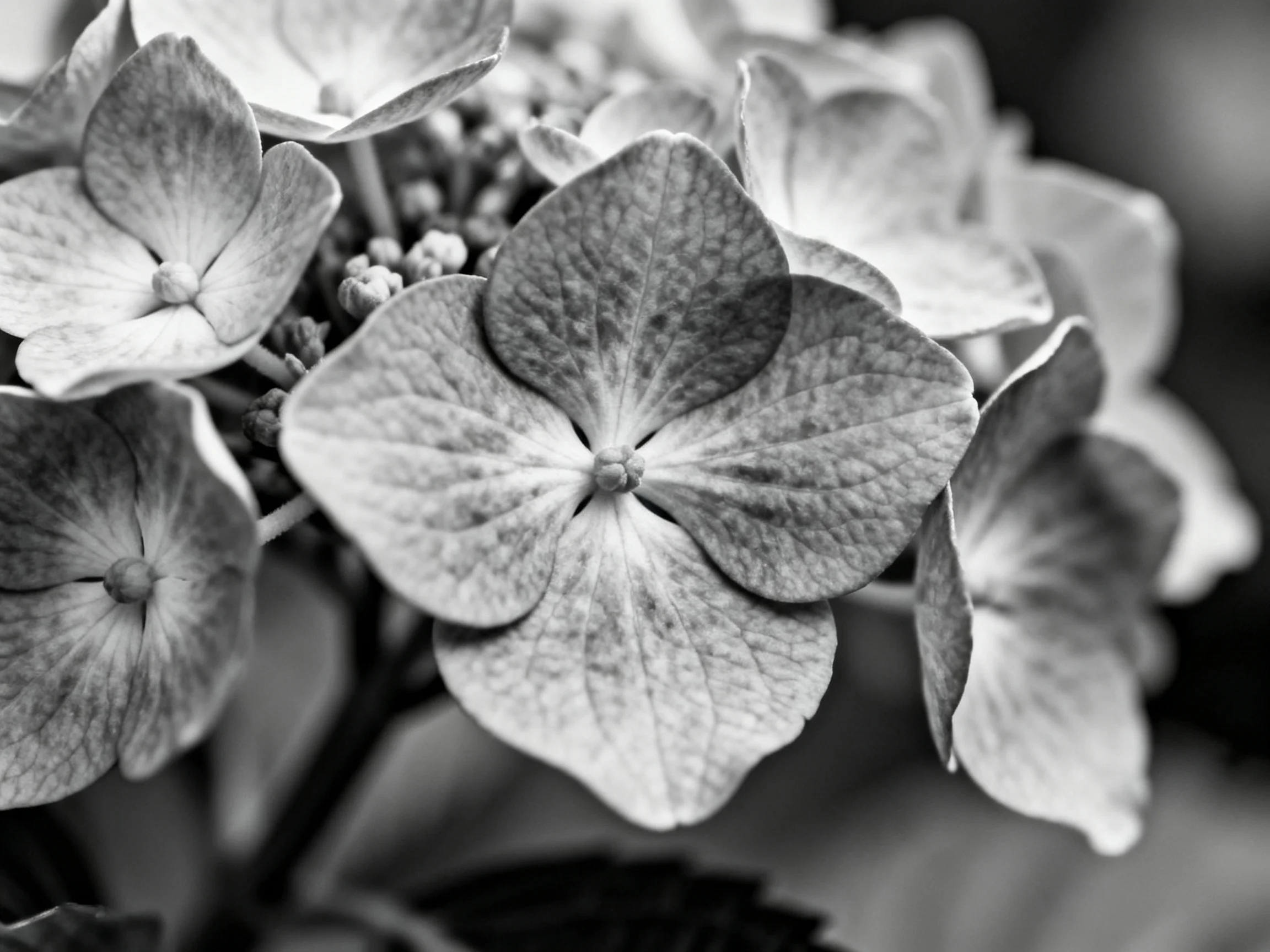 Black-and-white close-up of textured hydrangea blossoms