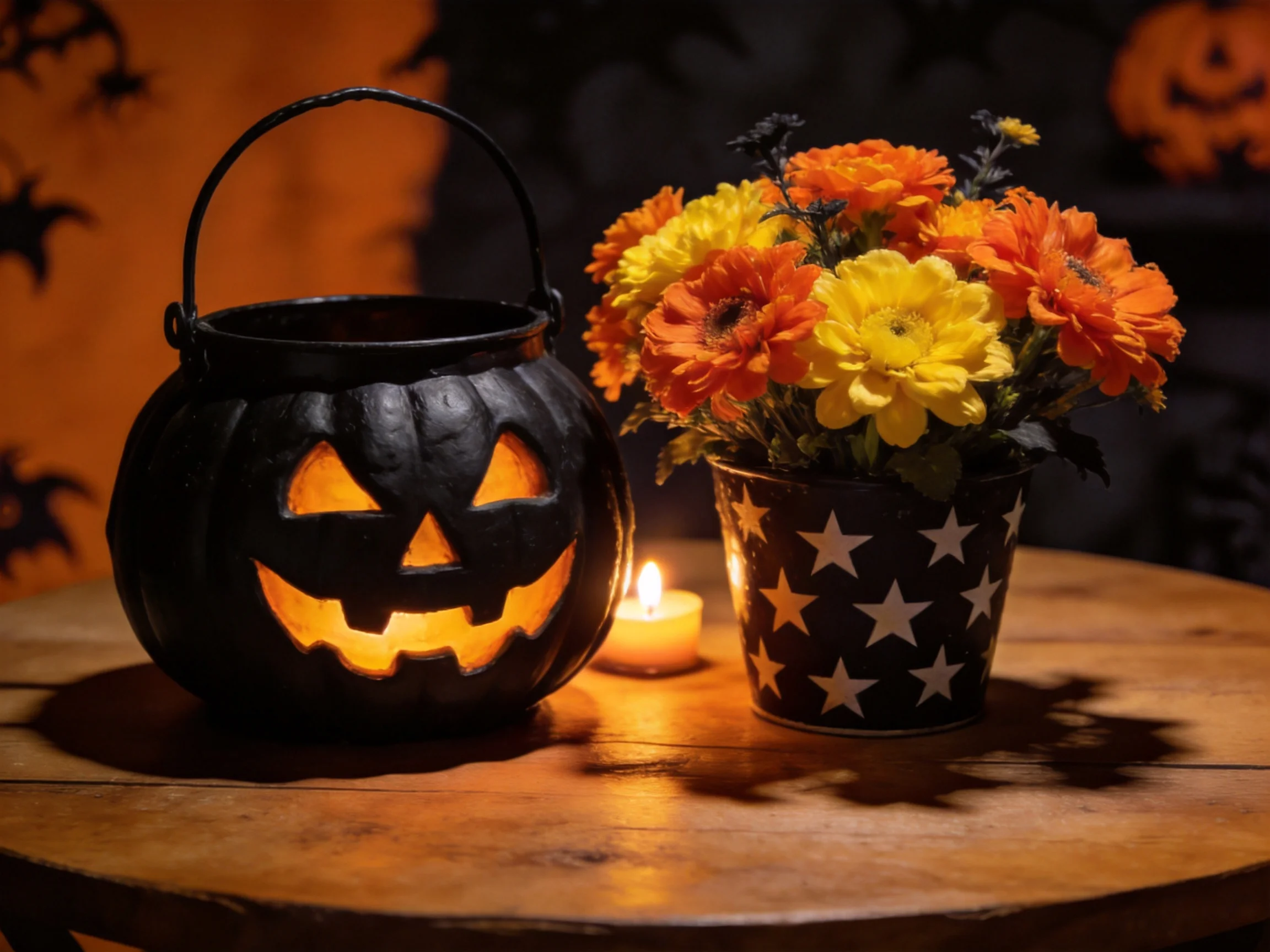 Black jack - o’ - lantern beside star vase with orange - yellow blooms