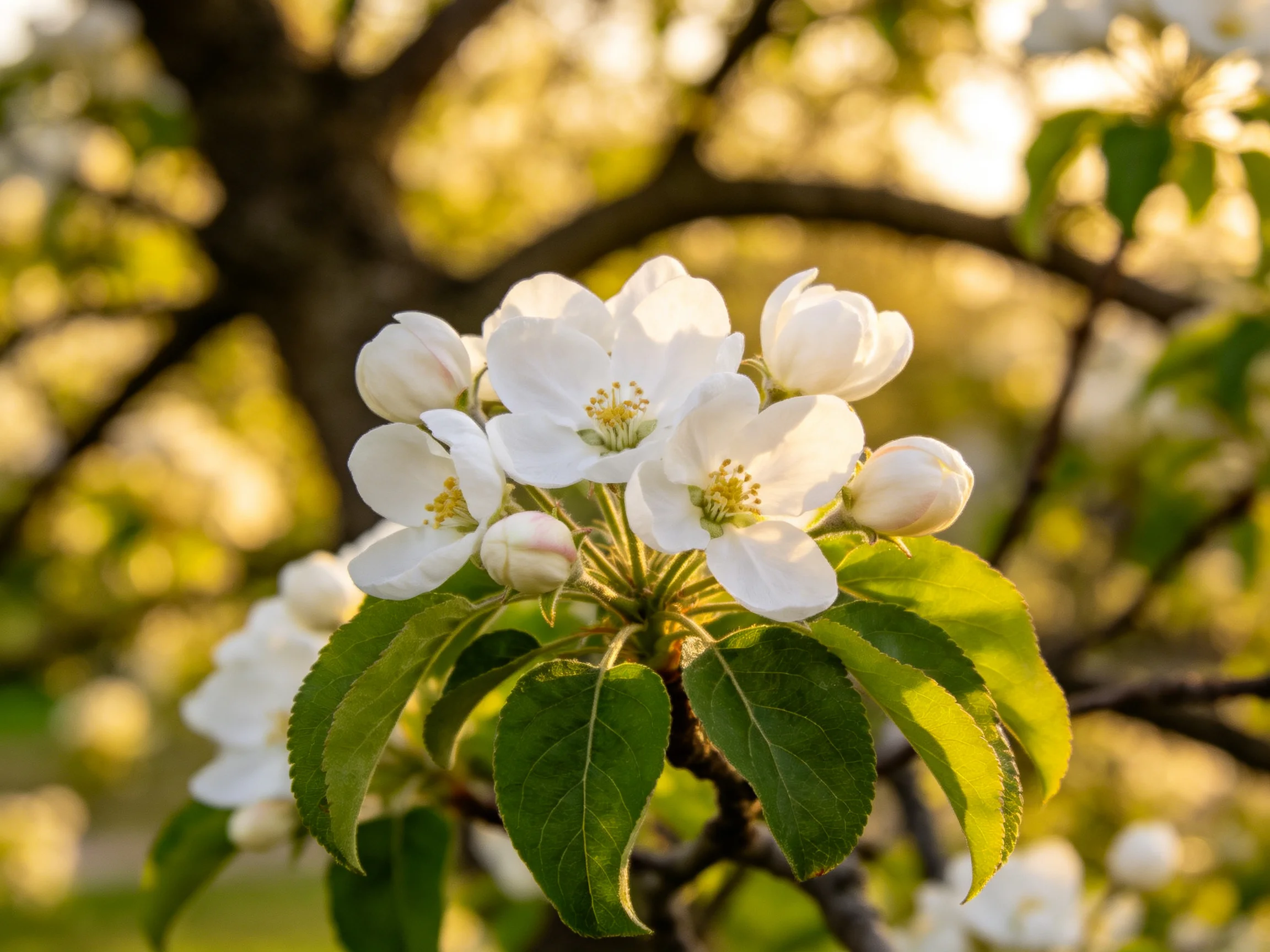 Blooming apple tree branch with white flowers and green leaves